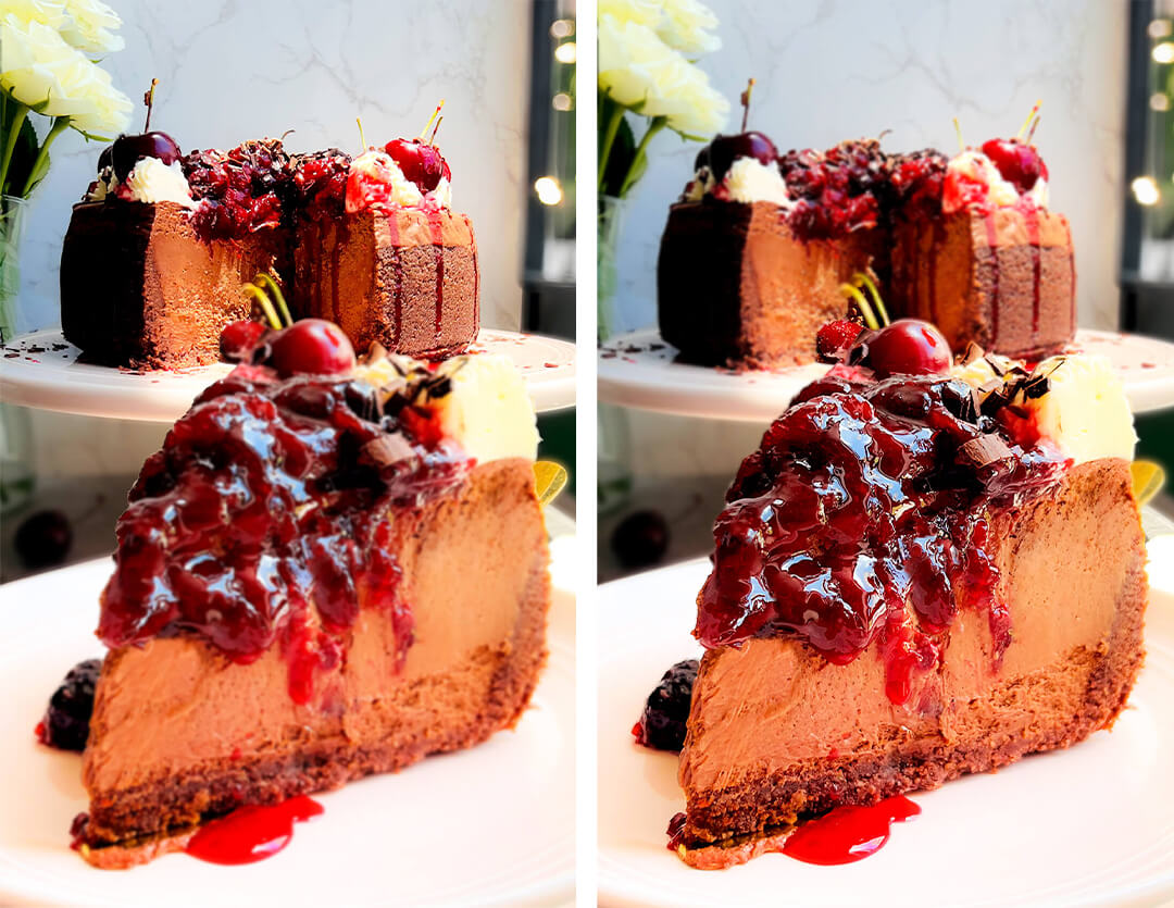 zoom to whole cheesecake sugar-free French forest cheesecake, sliced showing texture a deeply chocolatey, silky chocolate cheesecake filling, crunchy chocolate crust, and a glossy homemade cherry topping with rich cherry sauce and drizzling cherry sauce, and the Slice of cheesecake next to that in background