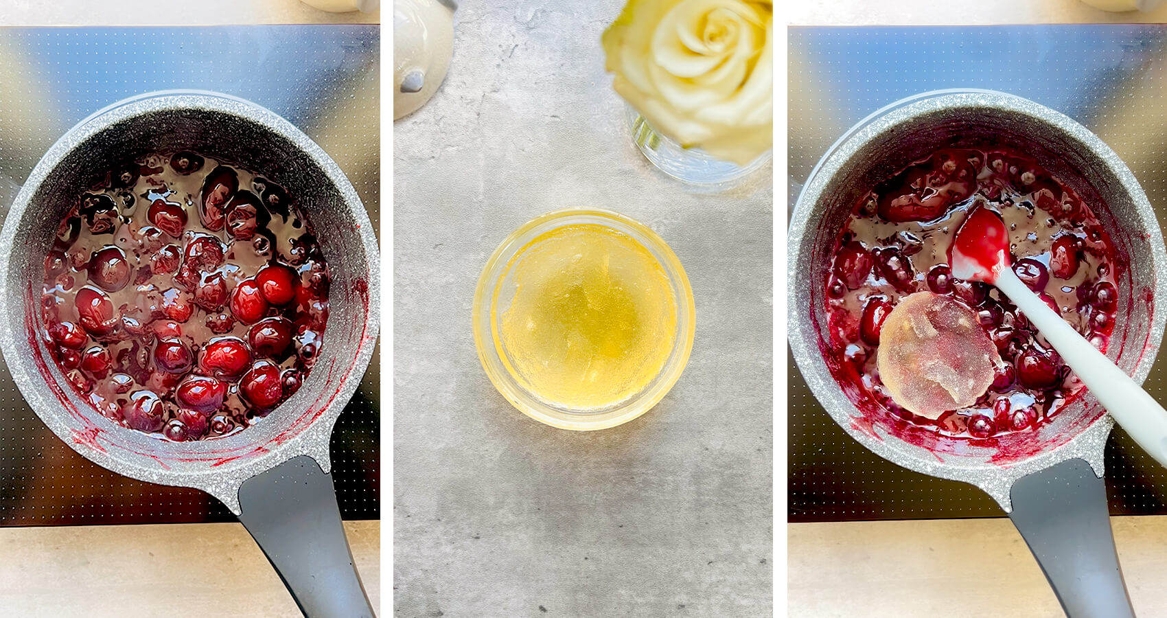 how to make sugar-free cherry suce with gelatine, Making a glossy sugar-free homemade cherry topping with monkfruit for French forest cheesecake, showing cherries cooking, thickening, and finishing with rich cherry sauce