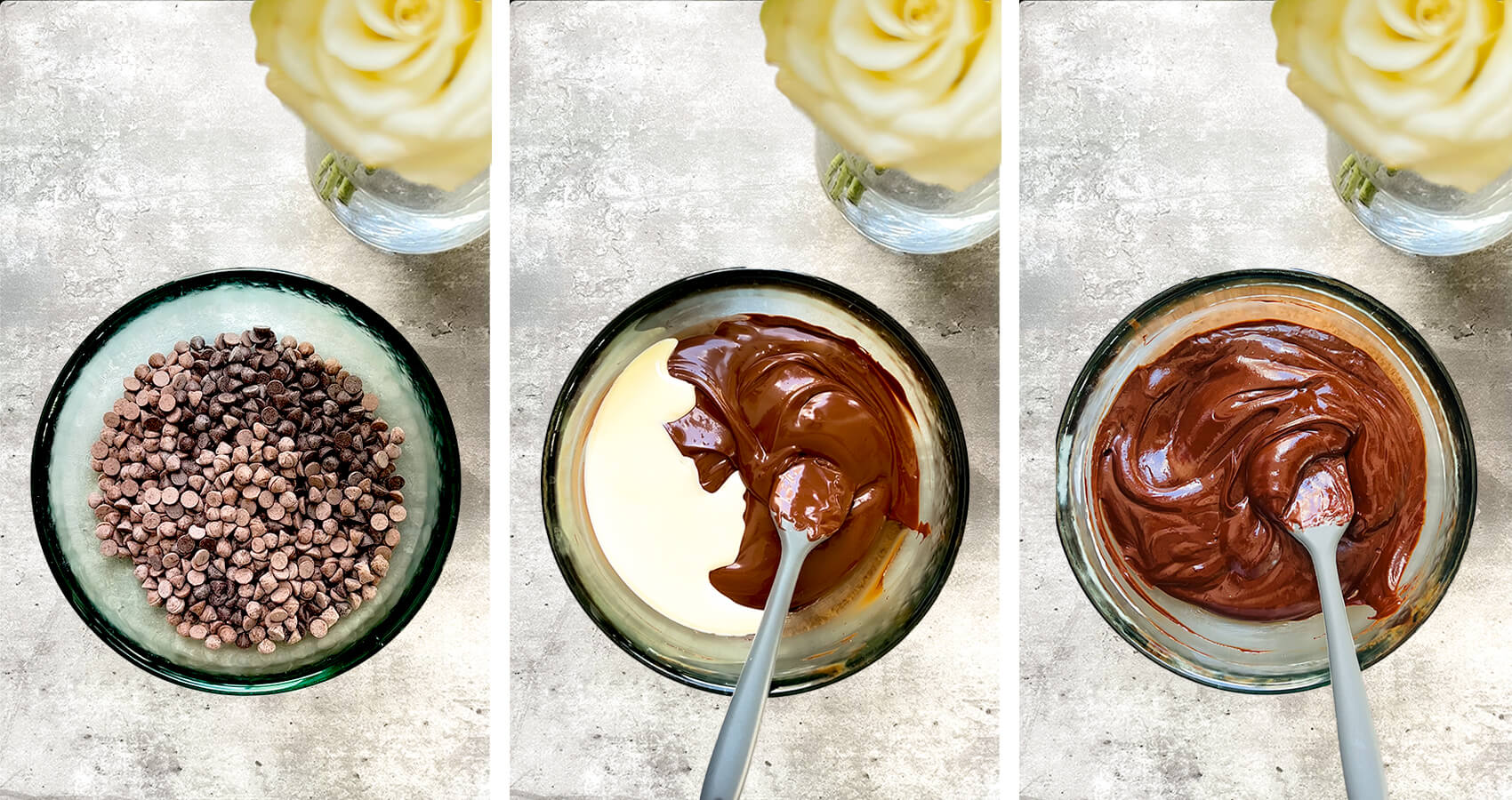 step by step, Melting sugar-free chocolate chips and gently mixing with warm cream to create a smooth, glossy chocolate base for a silky sugar-free French forest cheesecake filling