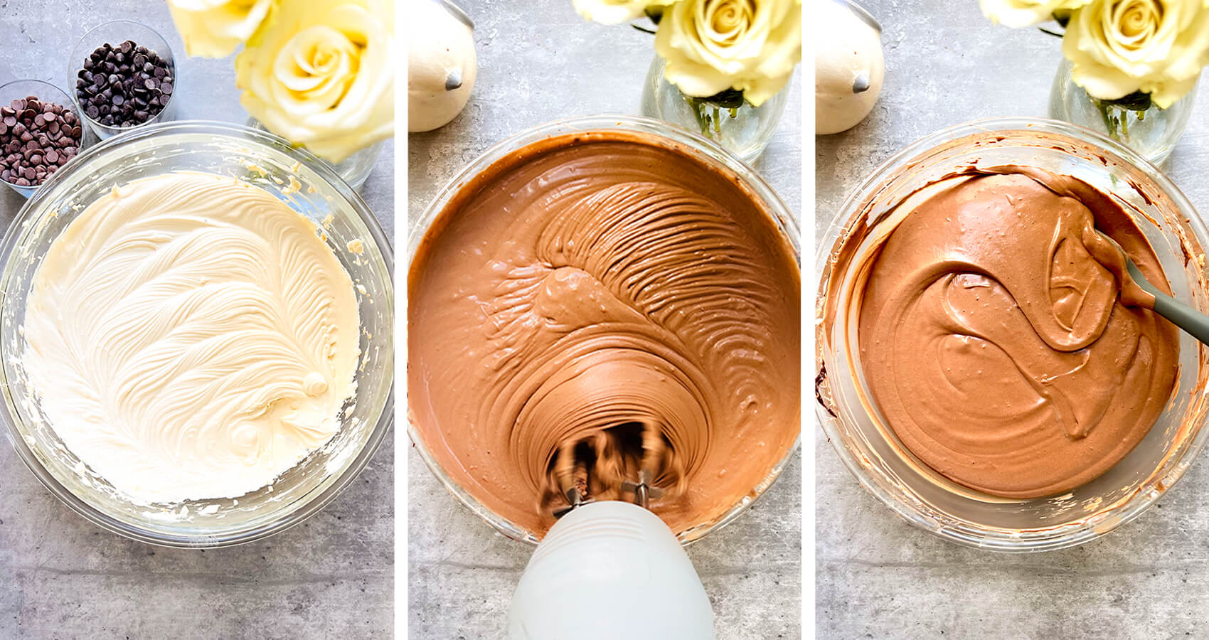 Step by step, Mixing cream cheese and sweetener until smooth, then blending in melted chocolate to create a silky, deeply chocolatey cheesecake filling for a sugar-free French forest cheesecake
