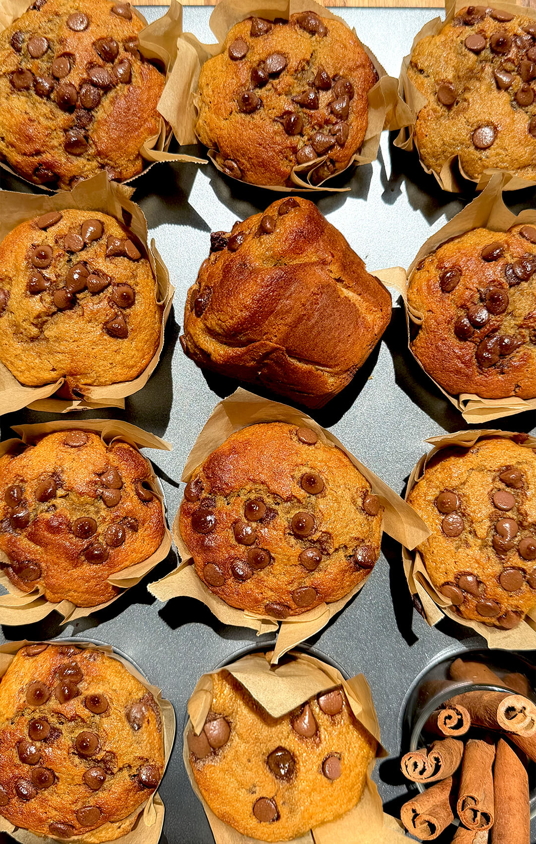 Overhead platter of Banana Oat Chocolate Chip Muffins with cinnamon sticks, golden tops and chocolate chips, quick and easy high protein high fiber muffins made with oat flour and lupin flour.