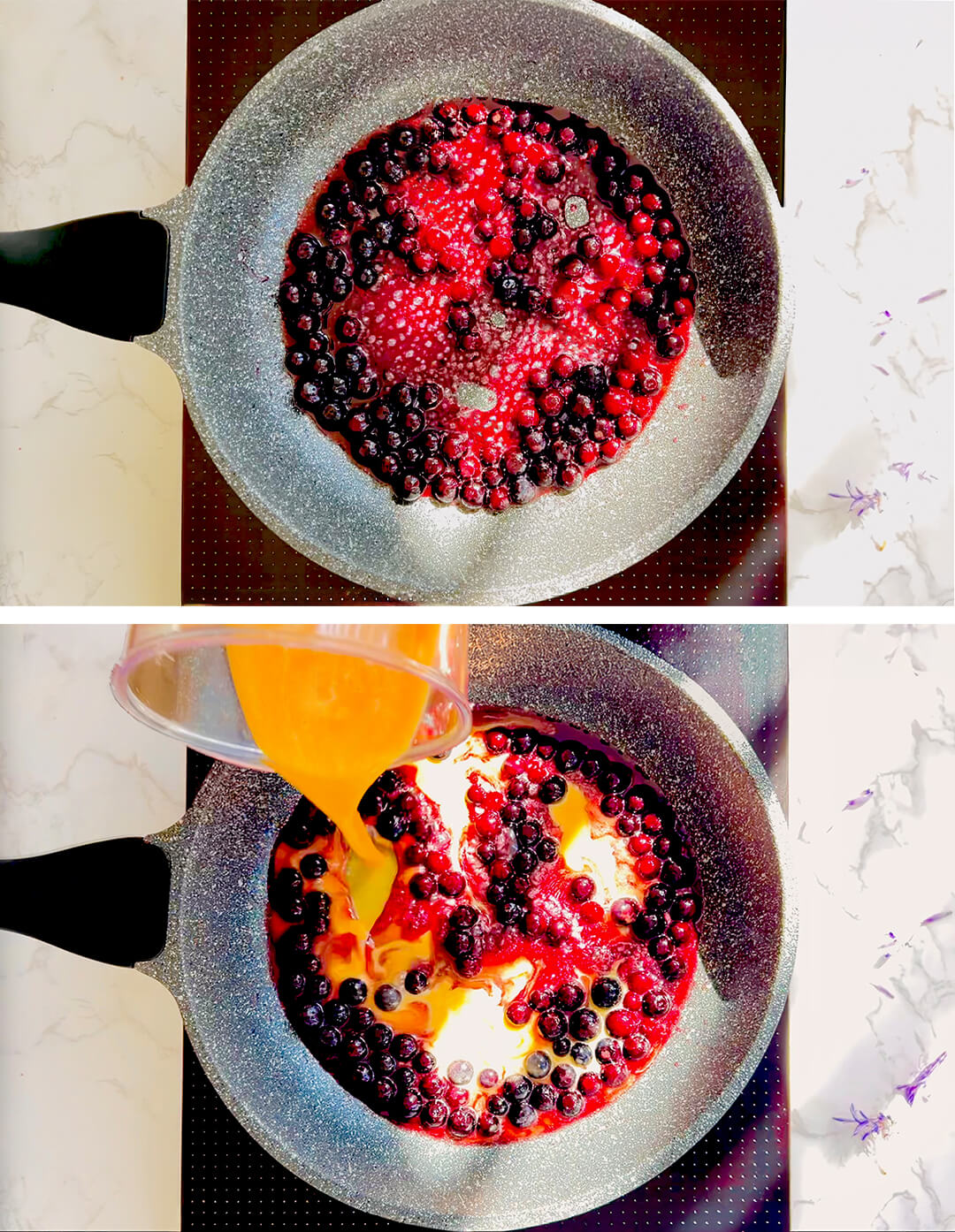 cooking in butter and coconut oil with brown monkfruit sweetener and lemon juice for a sugar-free keto blueberry omelet. then Egg mixture poured over blueberries in skillet then covered to cook into a puffy flourless blueberry omelet, keto gluten-free sugar-free