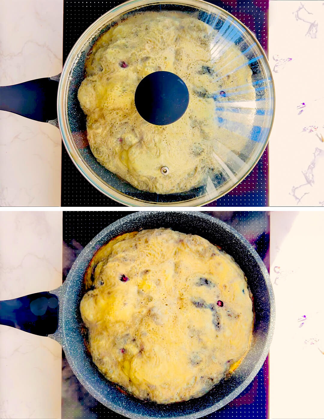 Egg mixture poured over blueberries in skillet then covered to cook into a puffy flourless blueberry omelet, keto gluten-free sugar-free