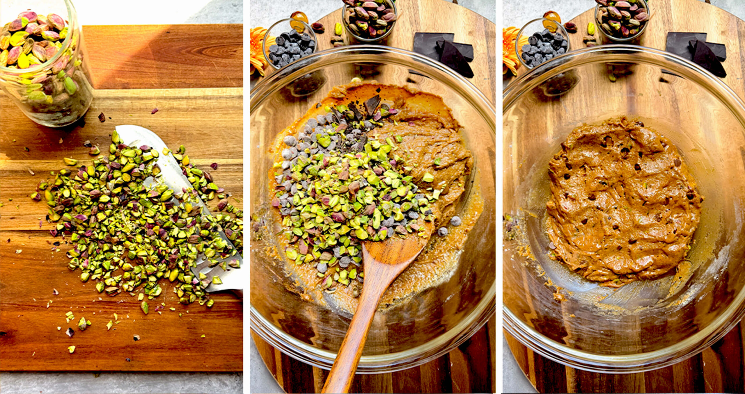Folding chopped pistachios and sugar-free dark chocolate chips into almond flour cookie dough for bakery-style pistachio chocolate chunk cookies, grain-free and no refined sugar.