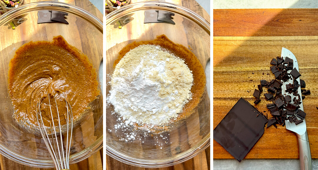 Step-by-step process of mixing melted butter, almond butter, coconut sugar, egg and vanilla, then adding almond flour and chopped dark chocolate for healthy gluten-free pistachio chocolate chunk cookies.