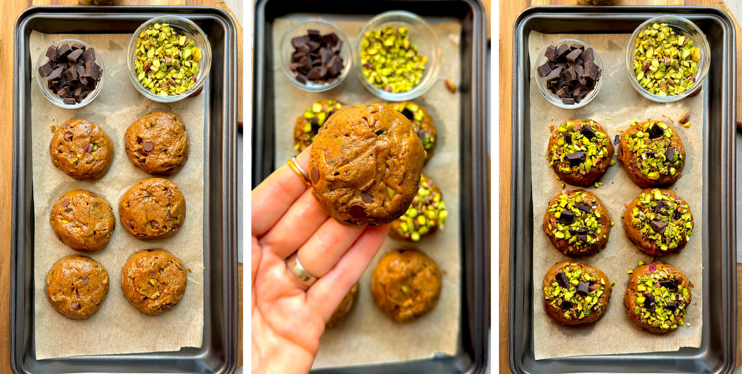 Large scoops of pistachio chocolate chunk cookie dough shaped and topped with chopped pistachios and dark chocolate pieces before chilling and baking.