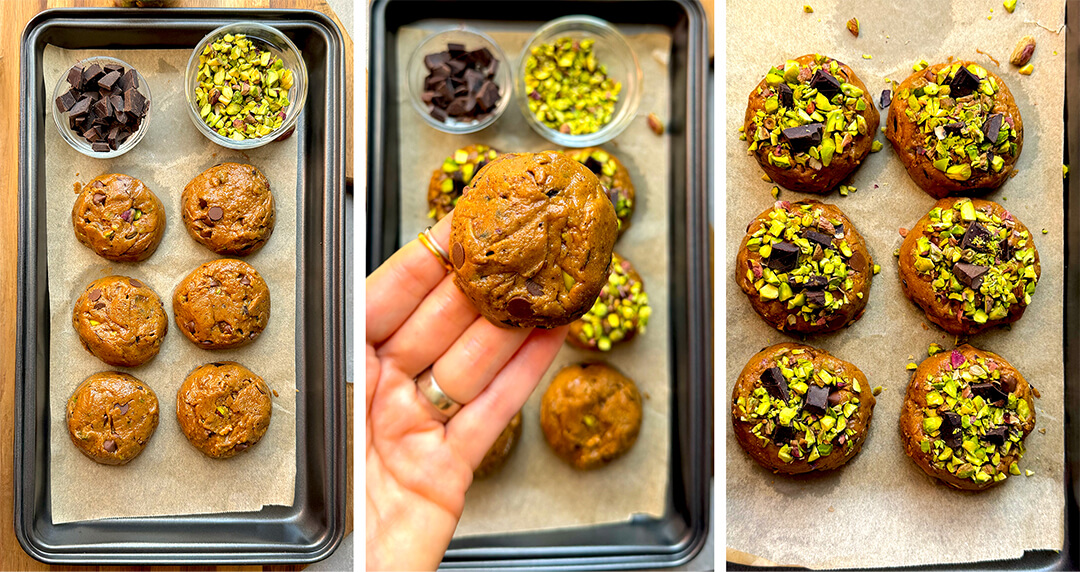 Large scoops of pistachio chocolate chunk cookie dough shaped and topped with chopped pistachios and dark chocolate pieces before chilling and baking.