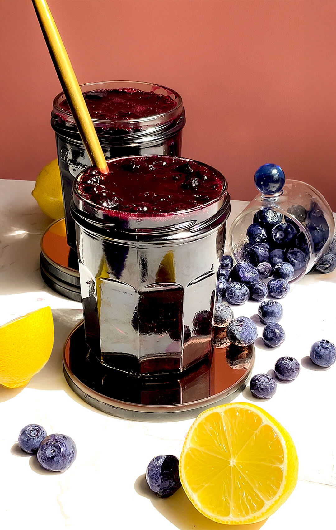 Healthy blueberry sauce in a jar, perfect Thick, glossy and jammy, refined sugar-free topping with blueberries that stay mostly whole. Using for pancakes, yoghurt, desserts, or toast. Paleo, naturally sweetened with honey and monkfruit sweetener