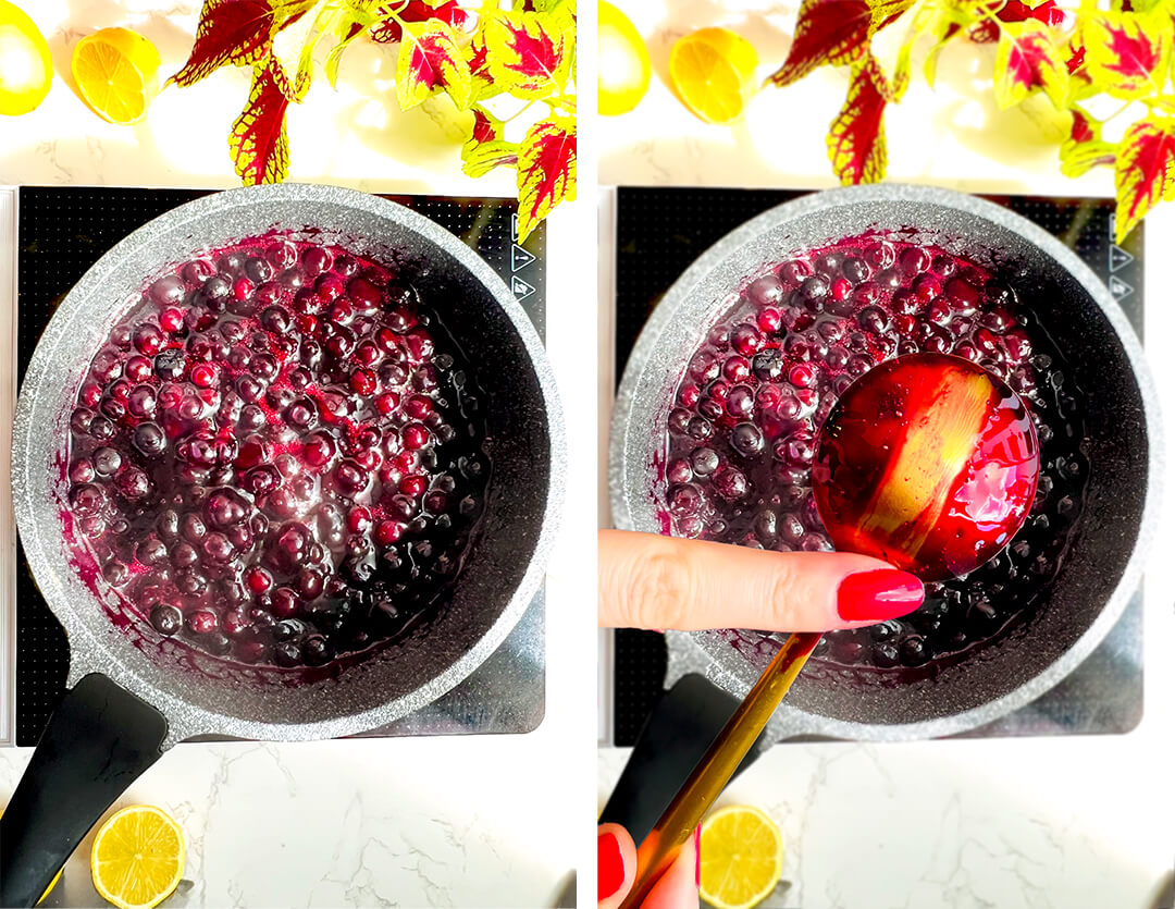 © 2026 Healthy Food by Annie. All rights reserved. Blueberry sauce simmering in a saucepan, thickening into a glossy fruit sauce with blueberries mostly whole and Spoon test for showing when the sauce is thick and set with a clean line on the spoon. it's Paleo, naturally sweetened with hone