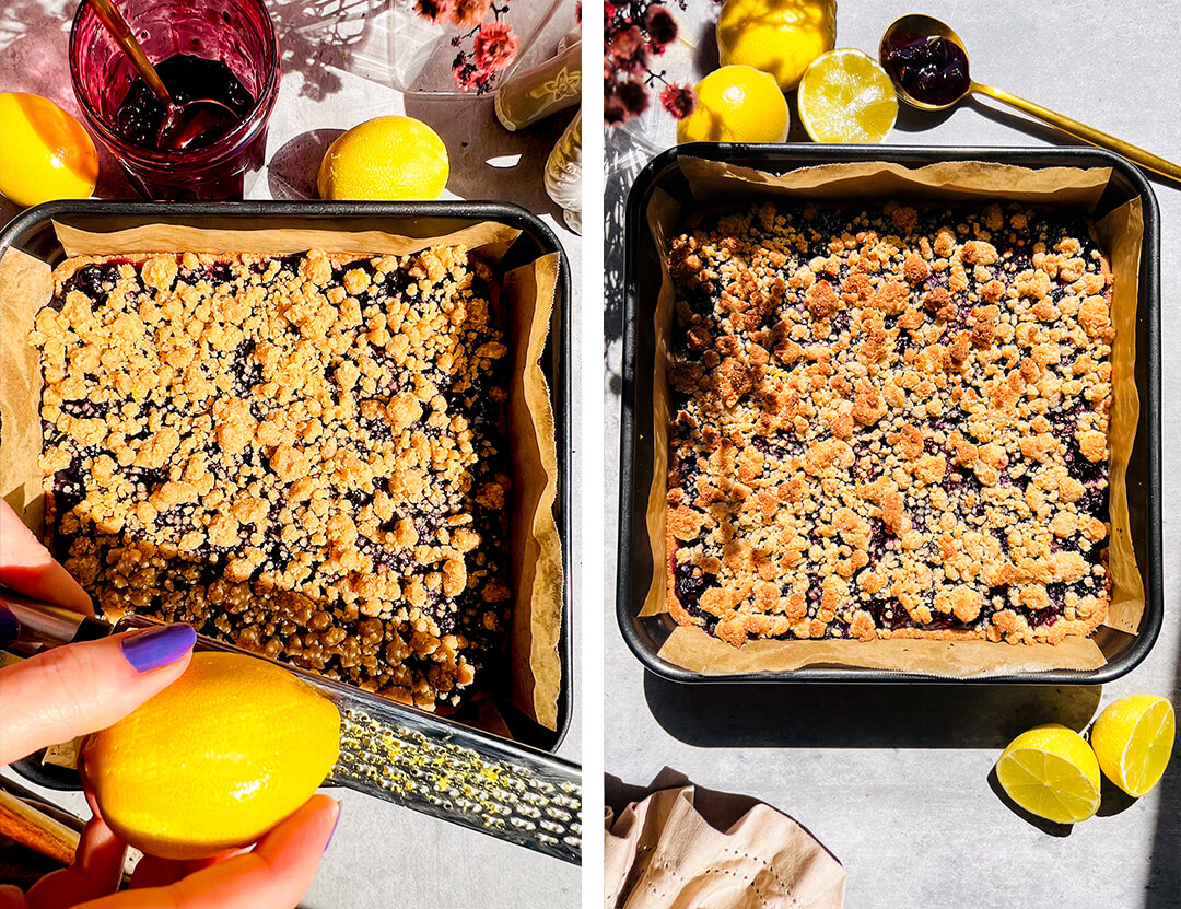 Step by step recipe, golden crumble mixture being sprinkled over the thick jammy blueberry sauce with whole berries filling before baking, creating the buttery soft and slightly crisp topping for healthy blueberry crumble bars made of almond and coconut flour. Lemon being zested into the crumble mixture to brighten the blueberry flavour and balance sweetness, an easy step that makes the bars taste fresh and vibrant, gluten-free, dairy-free and refined sugar-free. buttery golden crumble Backe to golden crumble bakery-style but Healthier version.Blueberry Crumble Bars