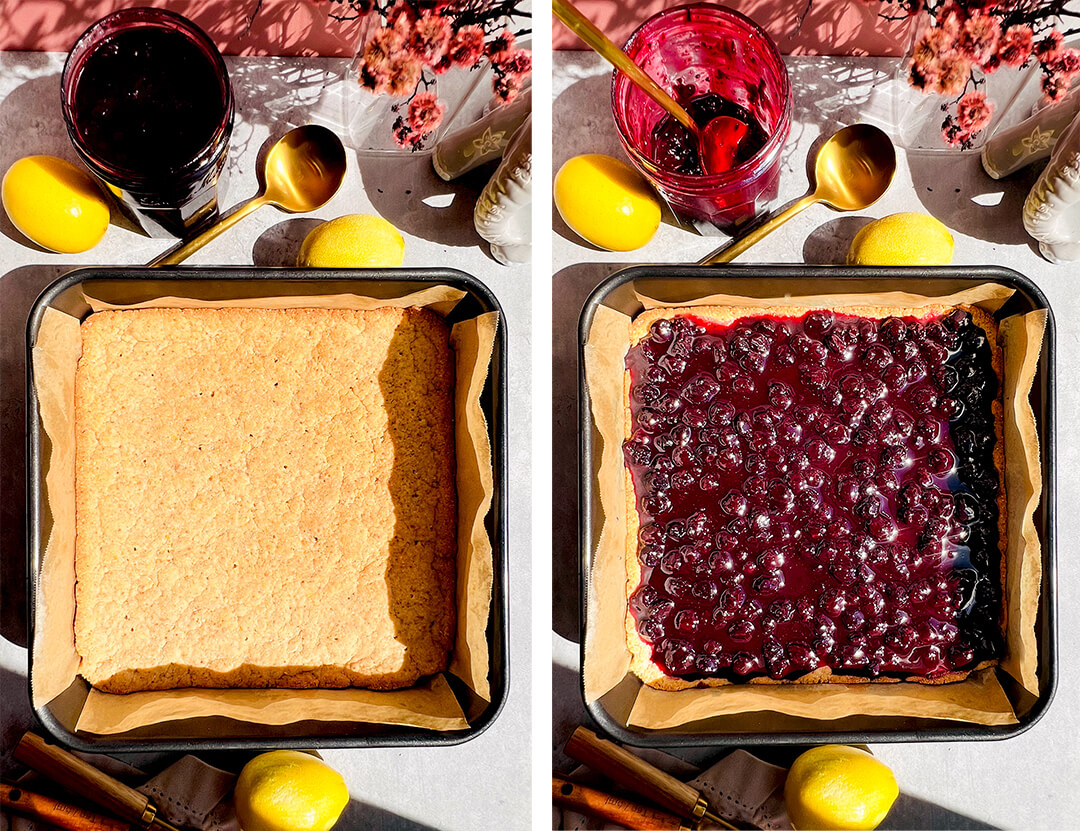 Step by step Crumbly almond flour and coconut flour mixture being pressed into a lined square pan to form the soft buttery crust for healthy gluten-free blueberry crumble bars, simple one bowl method, and then Thick glossy homemade blueberry sauce being spooned and spread over the baked crust, showing whole berries and a jammy sweet and tangy filling for blueberry crumble bars, make-ahead filling option. paleo, gluten-free, grain-free, refined sugar-free and dairy-free.perfect for meal prep