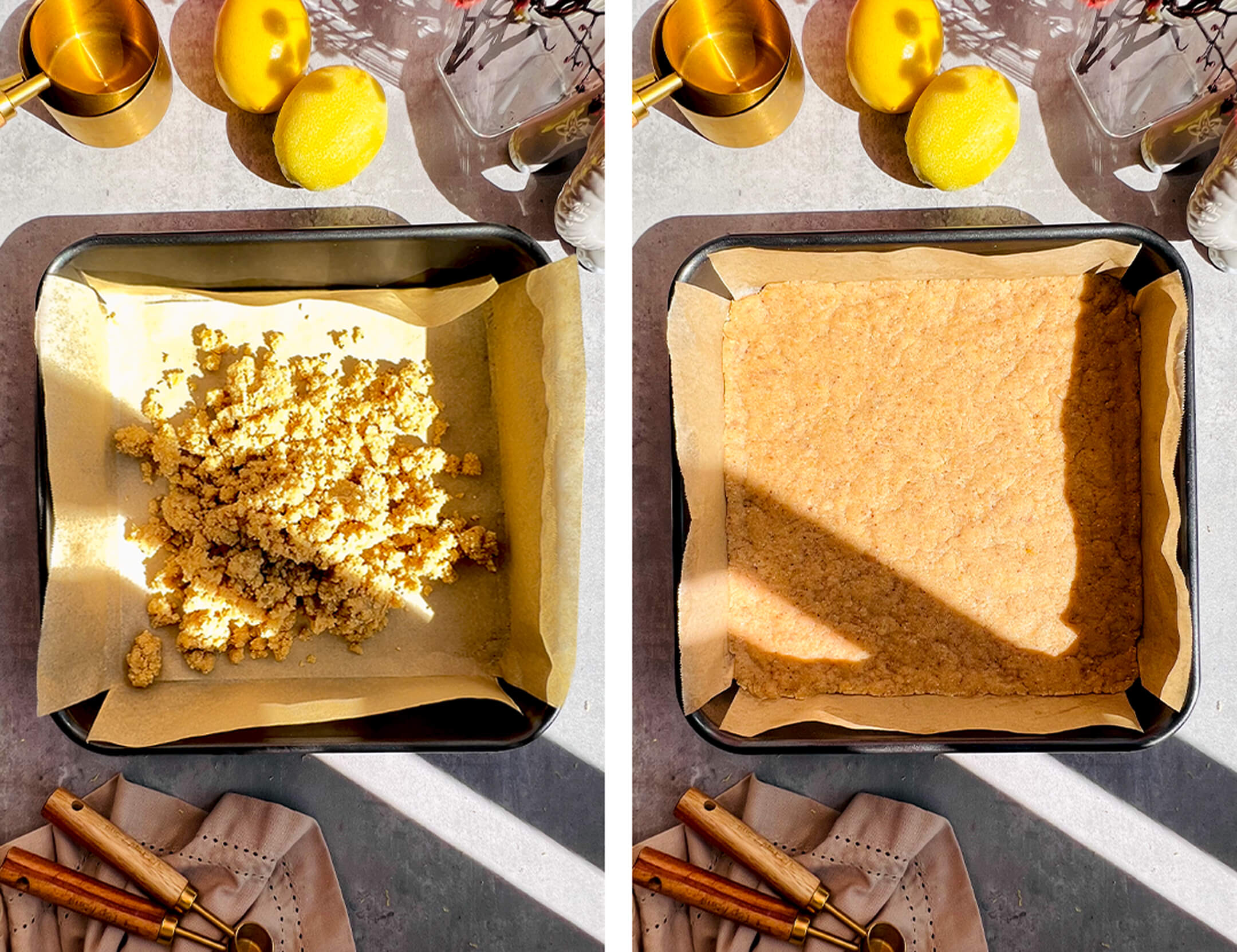 First step for healthy blueberry crumble bars, crumbly almond flour and coconut flour mixture pressed into a parchment lined square pan to create a soft buttery gluten-free, grain-free, paleo and dairy-free base before baking.