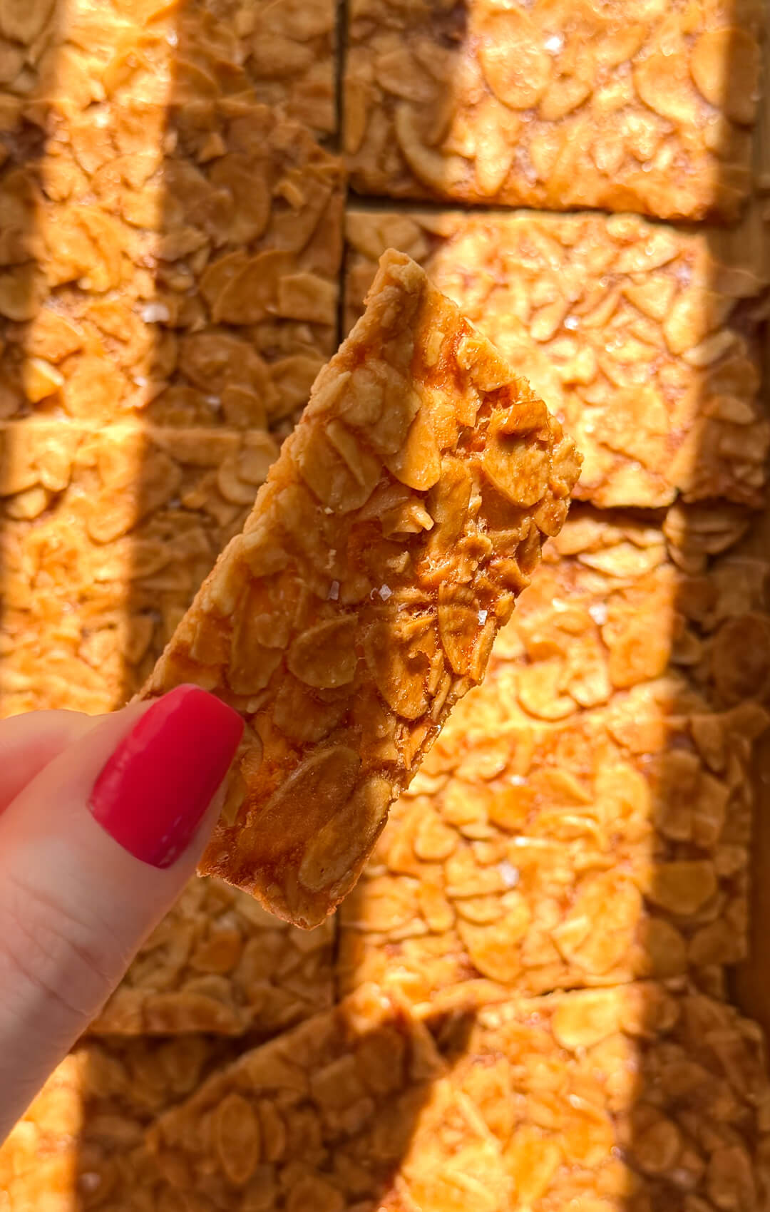rotating a sliced of a very thin almond crisp cookie, held by hand. showing the delicate crackly texture and light snap in every bite. These sugar-free almond cookies are flourless, keto, gluten-free, vegetarian, paleo option by replacing unsalted butter to ghee and quick and easy to make at home with simple ingredients and a paleo almond cookie option.made with sliced almonds, egg white, golden monkfruit sweetener, butter, vanilla, and almond extract. healthier version of Almond Florentines