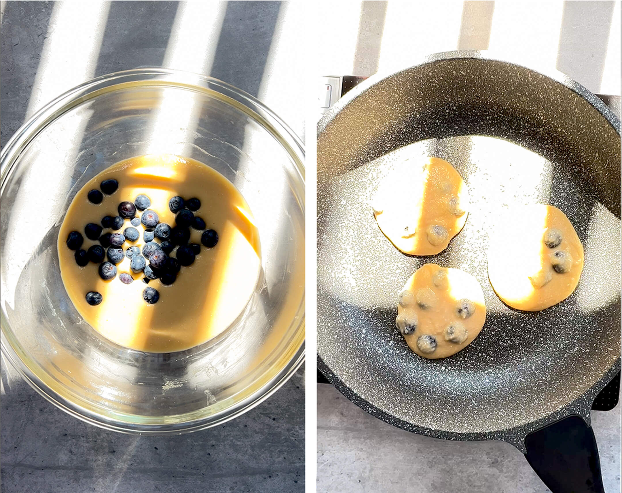 Step-by-step image showing blueberries added to the batter and pancakes cooking in the pan, making soft, thick, fluffy paleo blueberry pancakes for an easy healthy breakfast or weekend brunch.