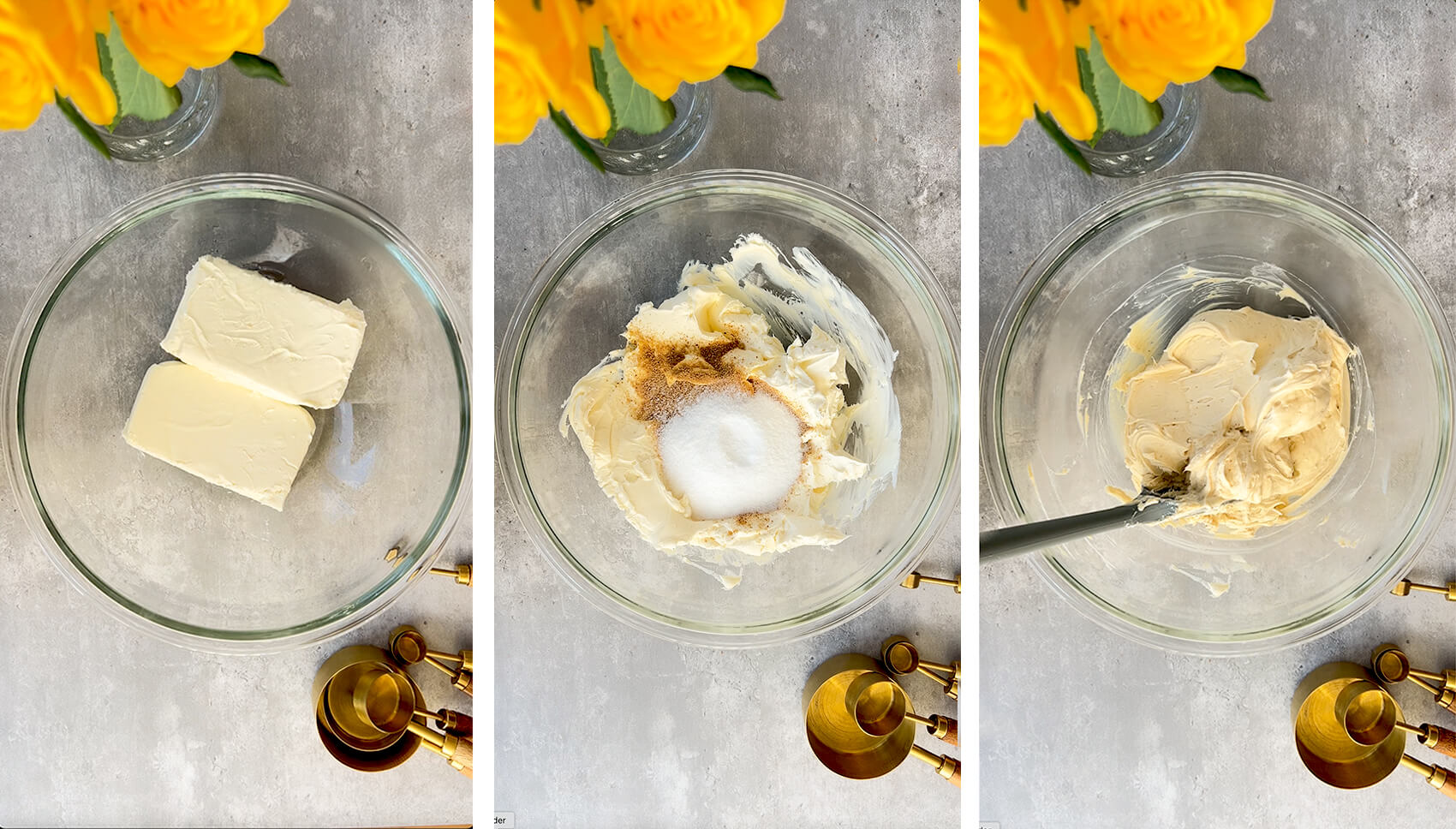 Step-by-step photos showing cream cheese softened with monkfruit sweetener and coconut sugar for Basque Burnt Cheesecake.