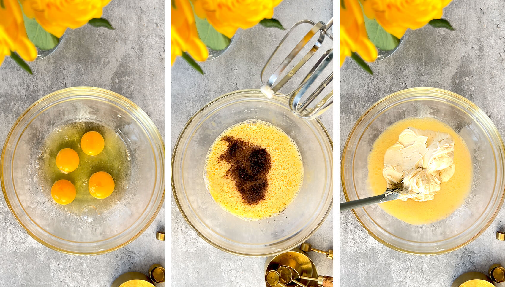 Step-by-step photos showing eggs whisked with vanilla and added to the cream cheese mixture for Basque Burnt Cheesecake.