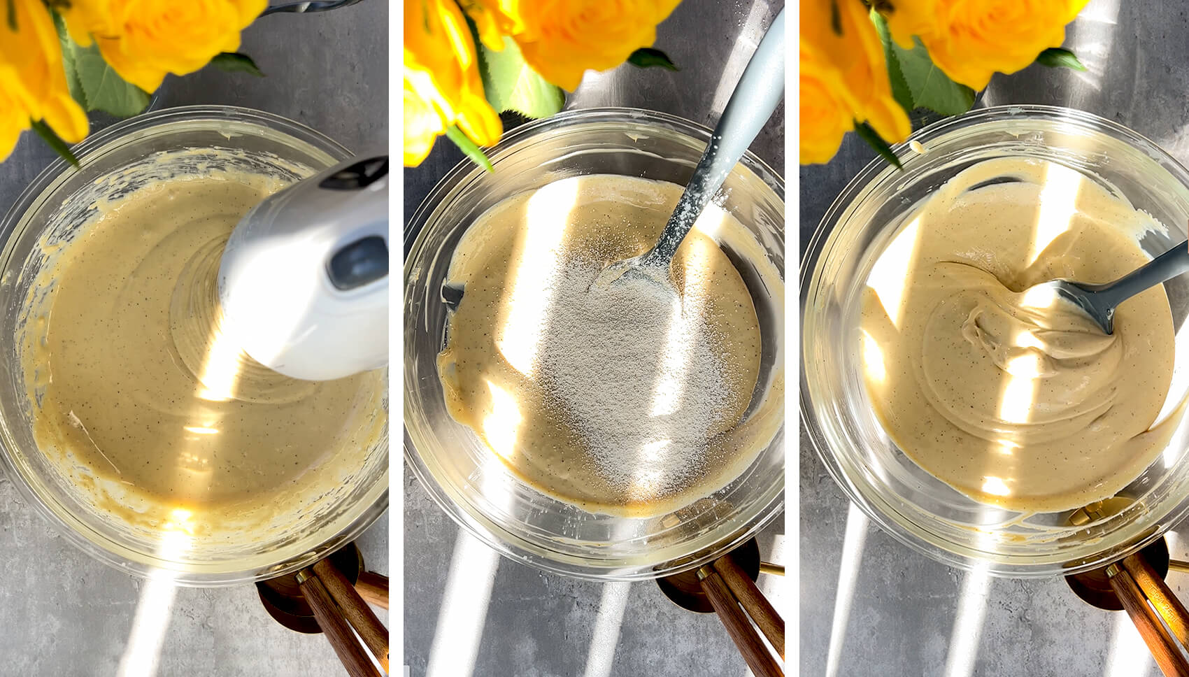 Step-by-step photos showing coconut flour, cornstarch, and salt added to Basque Burnt Cheesecake batter until smooth.