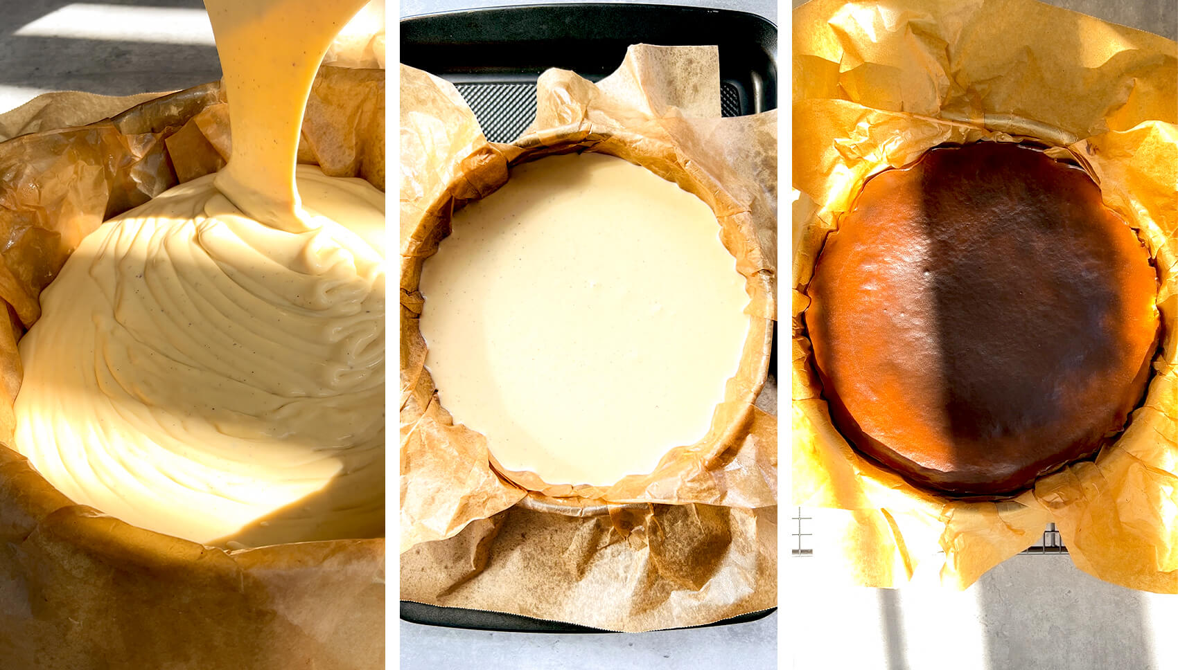 Step-by-step photos showing Basque Burnt Cheesecake batter poured into a lined pan, then baked until dark golden on top.