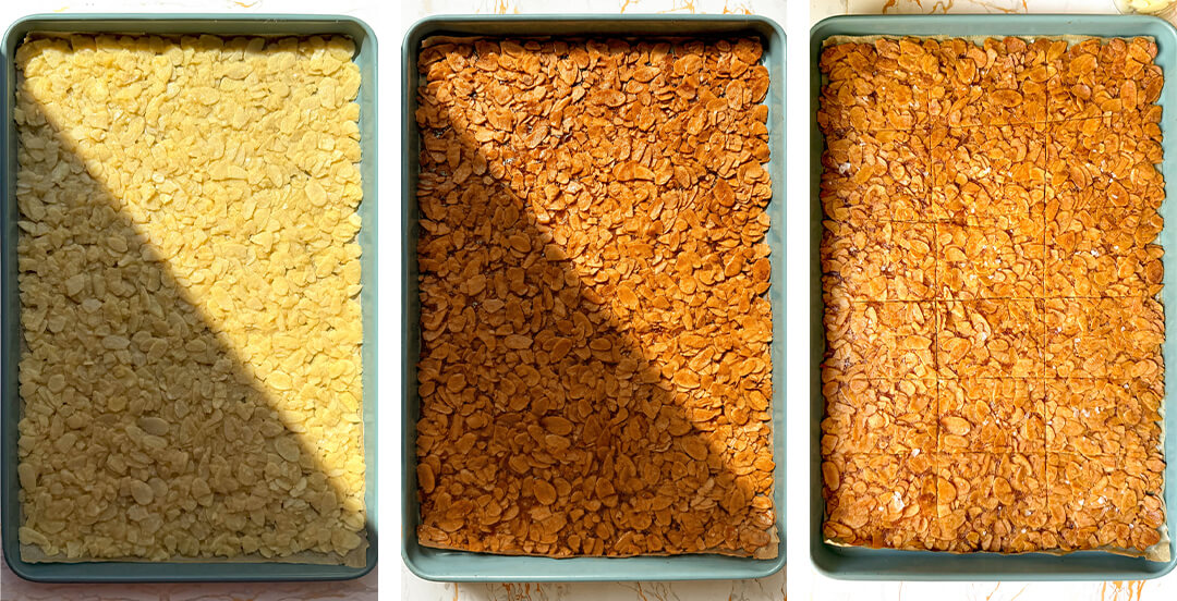 Sugar-Free Flourless Almond Crisp Cookies made with sliced almonds, egg white, golden monkfruit sweetener, butter, vanilla, and almond extract. These very thin crispy almond cookies have a delicate crackly finish, deeply golden toasted almonds, and a light snap in every bite. Quick and easy to make at home with simple ingredients. Keto, gluten-free, vegetarian, with a paleo option