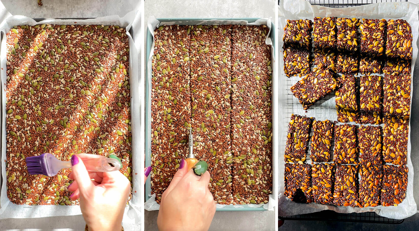 Step-by-step seed cracker process showing the mixture brushed with olive oil, scored into squares and baked until golden and crispy. Easy to make at home more over they are healthy, gluten-free, keto, grain-free, low-carb
