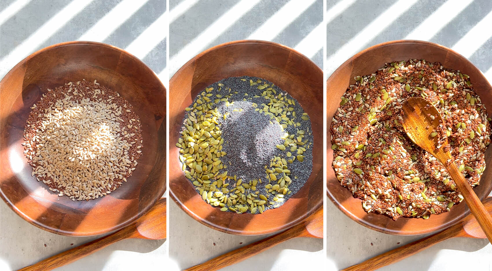 Step-by-step photo of instruction showing flax seeds, sunflower seeds, pumpkin seeds and poppy seeds mixed with boiling water for easy homemade seed crackers, quick and easy recipe to make at home. They are healthy, paleo, vegan, low-carb, keto