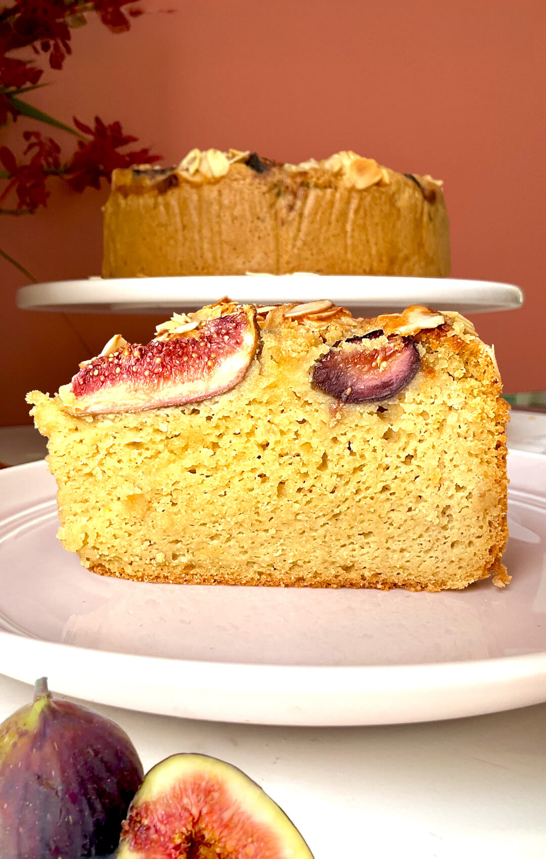 Close-up of a Fig Almond Olive Oil Cake slice with a soft almond flour crumb, roasted figs and lightly crunchy sliced almonds. This healthy sugar-free, keto-friendly, gluten-free and dairy-free cake has a tender texture and a naturally sweet, balanced flavour.