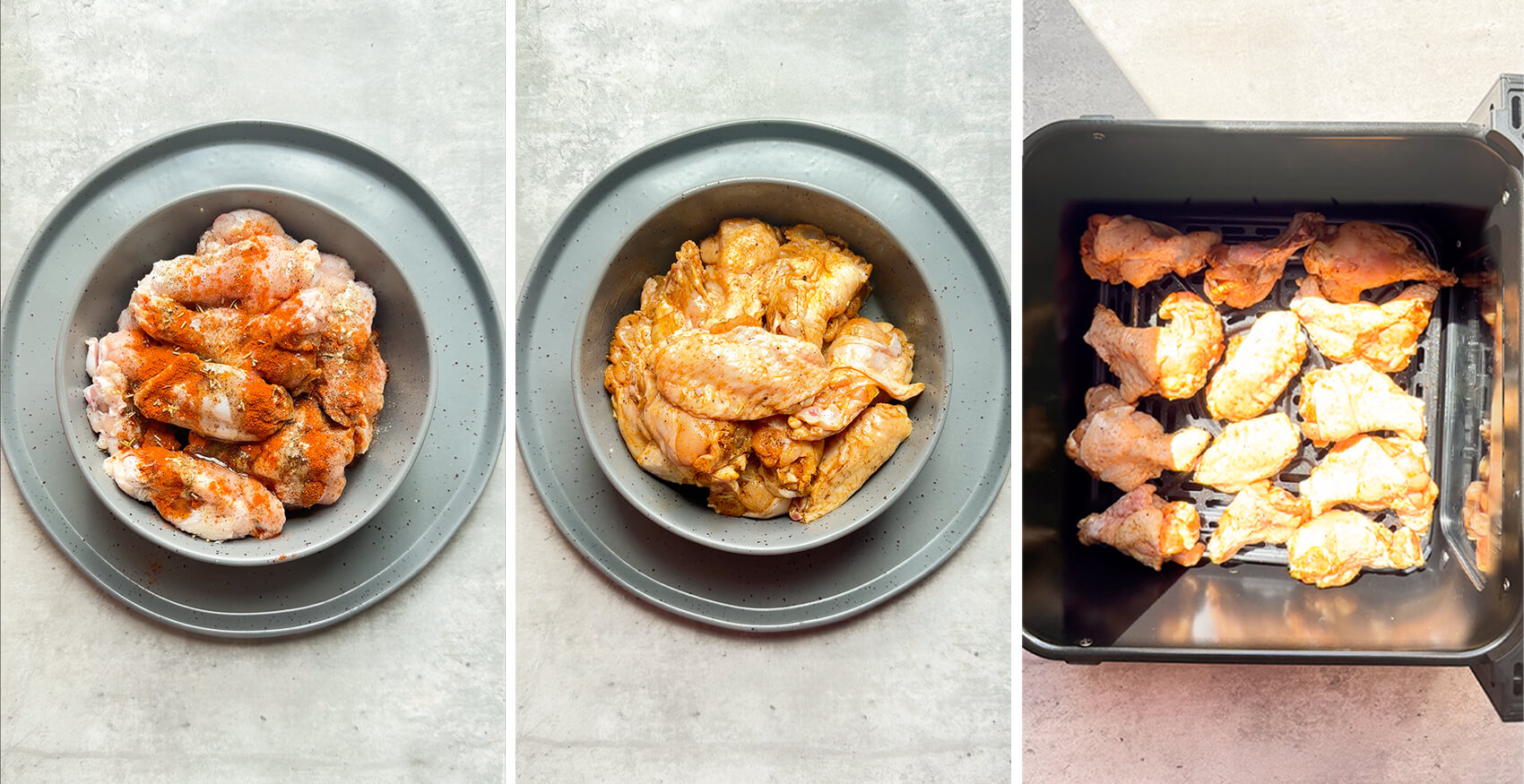 Step-by-step process for crispy sticky honey soy air fryer chicken wings, showing raw chicken wings seasoned with smoked paprika, Chinese five spice, black pepper, garlic powder, and olive oil, then mixed until coated and placed in the air fryer. This easy air fryer chicken wings recipe starts with simple dairy-free, high-protein ingredients for smoky flavour, crispy edges, and tender juicy chicken.