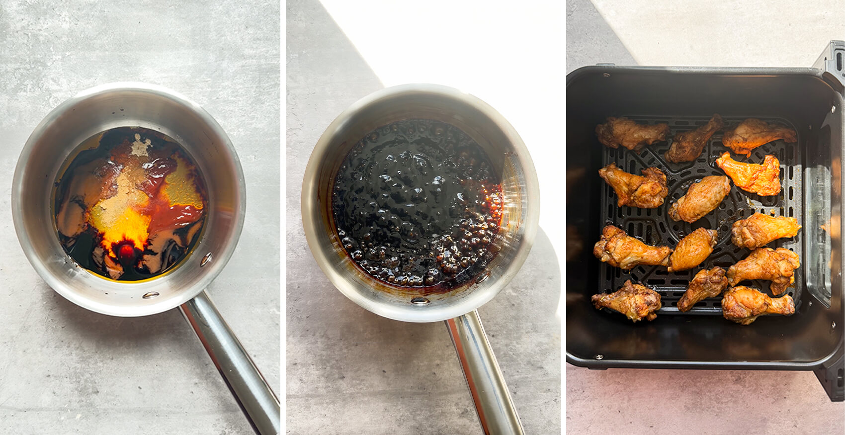 Step-by-step process for making the sticky honey soy secret glaze for crispy air fryer chicken wings, showing the dark sauce ingredients in a saucepan, then simmered until glossy, thick, sticky, and caramelised while the chicken wings turn golden and crispy in the air fryer. This naturally sweetened honey soy glaze is sweet, savoury, smoky, slightly spicy, dairy-free, and perfect for healthy homemade chicken wings.