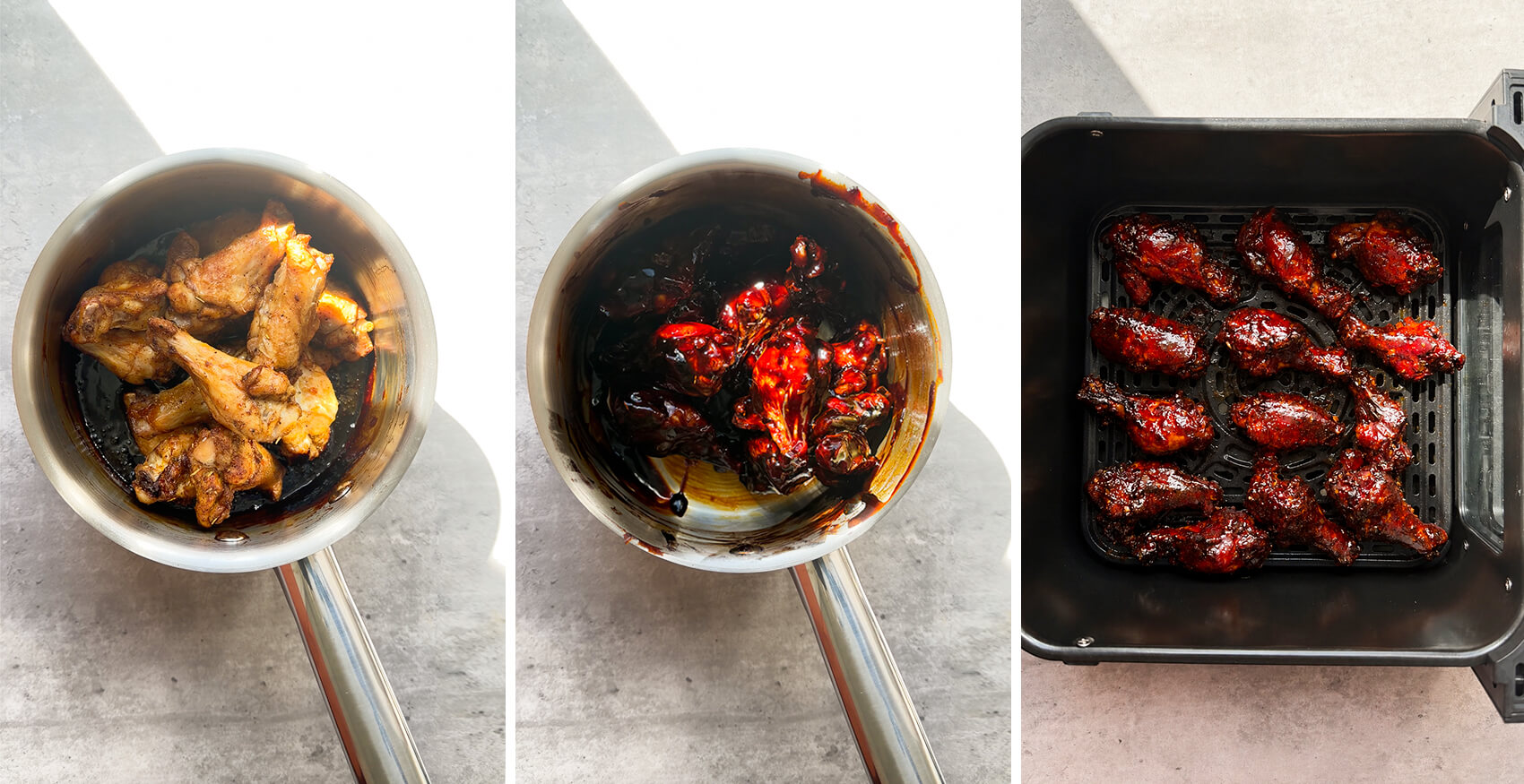 Step-by-step process showing crispy air fryer chicken wings tossed in a thick dark honey soy glaze, coated until glossy, then returned to the air fryer until sticky, caramelised, dark red, and crispy around the edges. These healthy crispy sticky honey soy air fryer chicken wings are naturally sweetened with honey, dairy-free, high-protein, smoky, sweet, savoury, slightly spicy, tender inside, and easy to make at home.