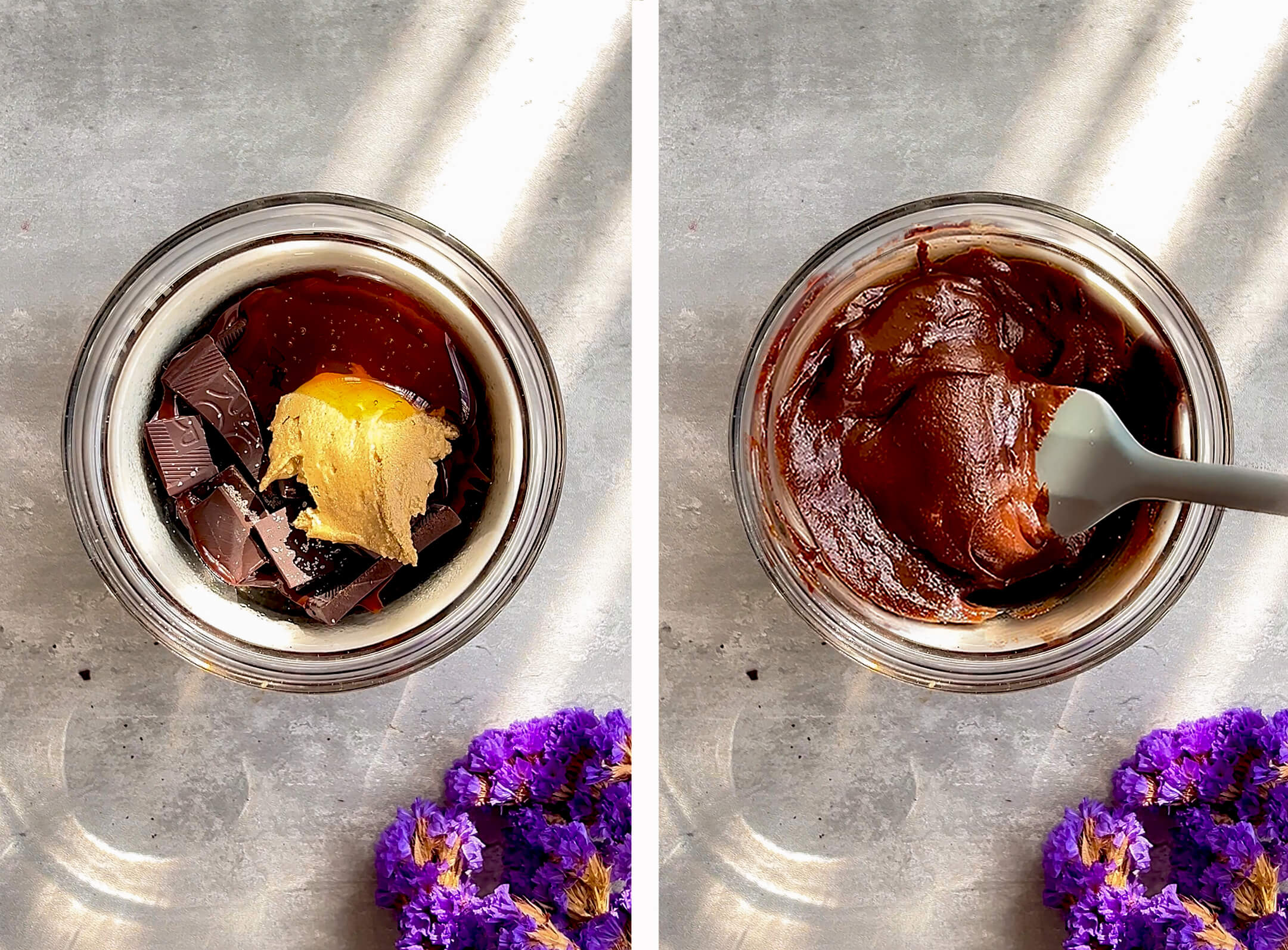 Step-by-step photo showing dark chocolate, tahini, honey, and salt before melting, then stirred into a silky, glossy chocolate tahini filling for No-Oven Chocolate Tahini Seed Cups. This easy refined sugar-free filling is rich, creamy, dairy-free when using suitable dark chocolate, and perfect for filling crunchy healthy seed cups.