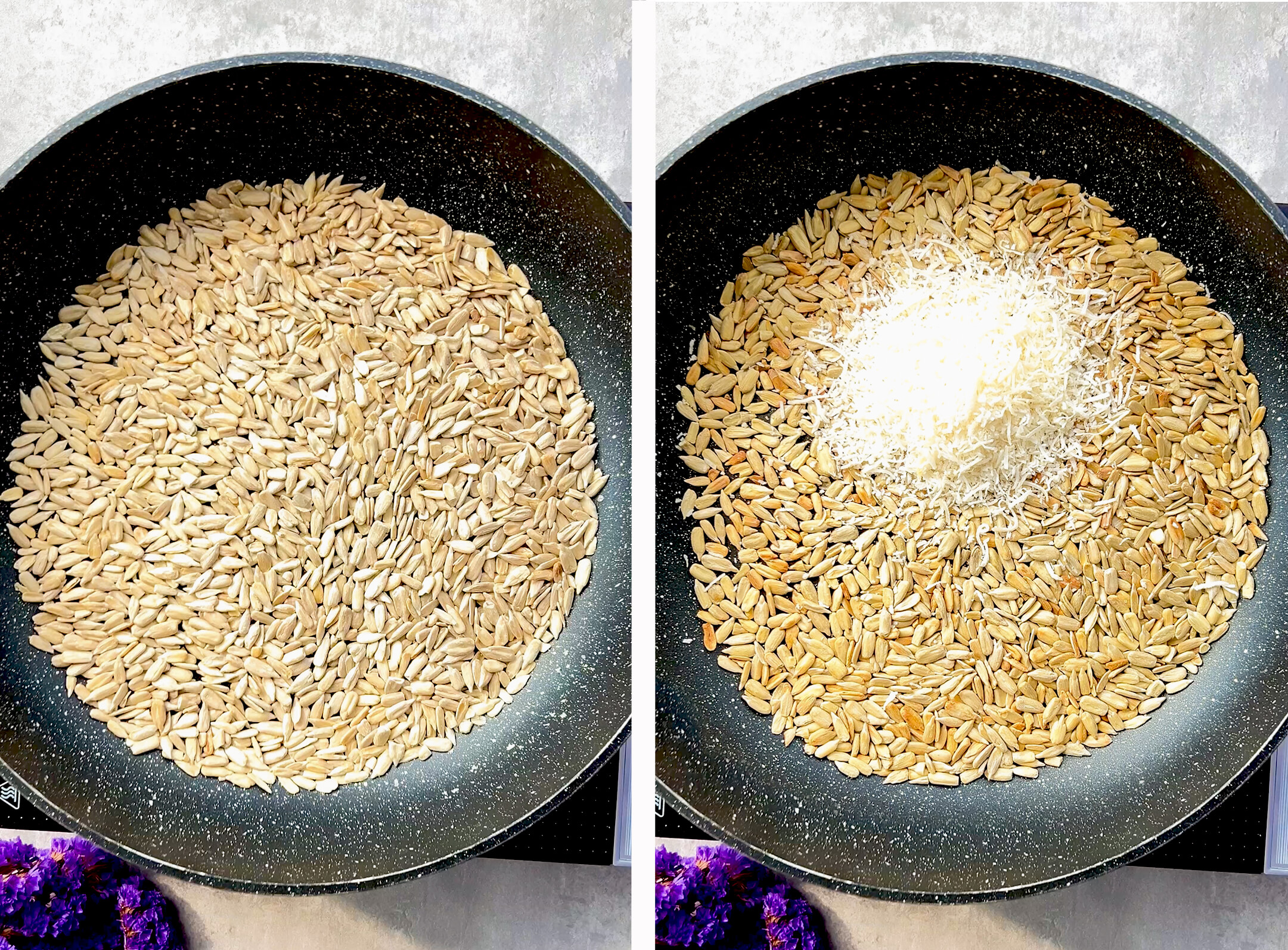 Step-by-step photo showing sunflower seeds toasted in a pan, then shredded coconut added to make the crunchy base for No-Oven Chocolate Tahini Seed Cups. This easy no-oven method gives the seed cups a golden roasted flavour, wholesome texture, and delicious crunch without oil, flour, nuts, or refined sugar.