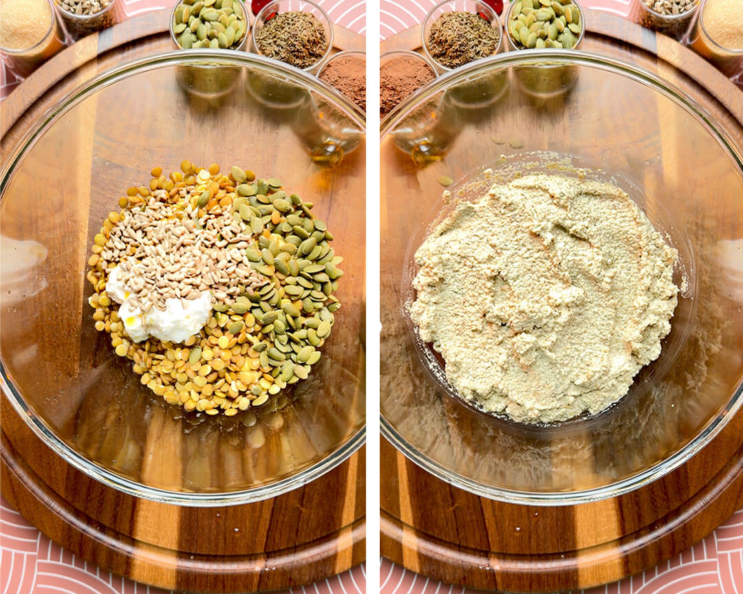Step-by-step process for making rustic brown lentil bread dough, showing soaked brown lentils, yogurt, pumpkin seeds, sunflower seeds, and blended lentil paste in a glass bowl. This gluten-free, flourless, yeast-free bread starts with soaked lentils and simple wholesome ingredients to create a soft, chewy, high-fibre, protein-rich bread with a dark rye-style flavour.