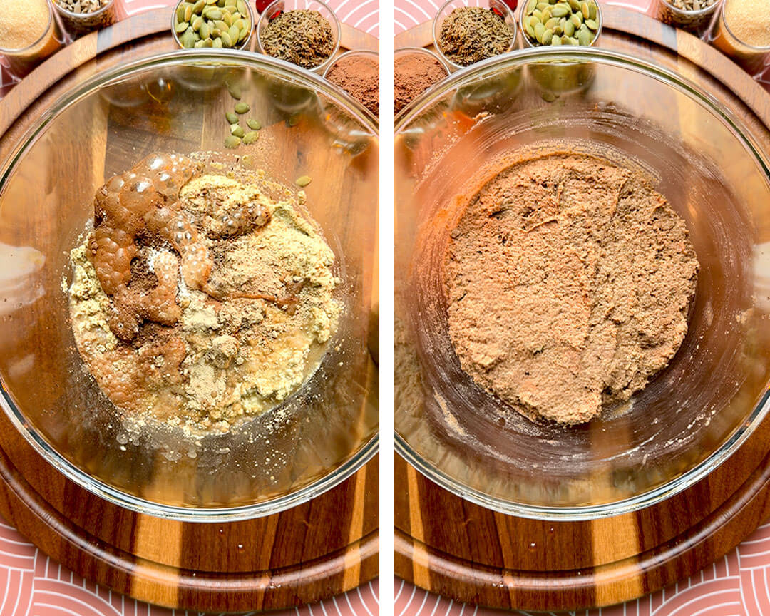 Step-by-step process for mixing rustic brown lentil bread dough, showing cocoa powder, caraway, psyllium husk, baking powder, baking soda, apple cider vinegar, and the thick rested dough. This easy gluten-free, flourless lentil bread uses psyllium husk for structure and a small amount of cocoa and caraway for a delicious dark rye-style flavour without tasting like lentils.