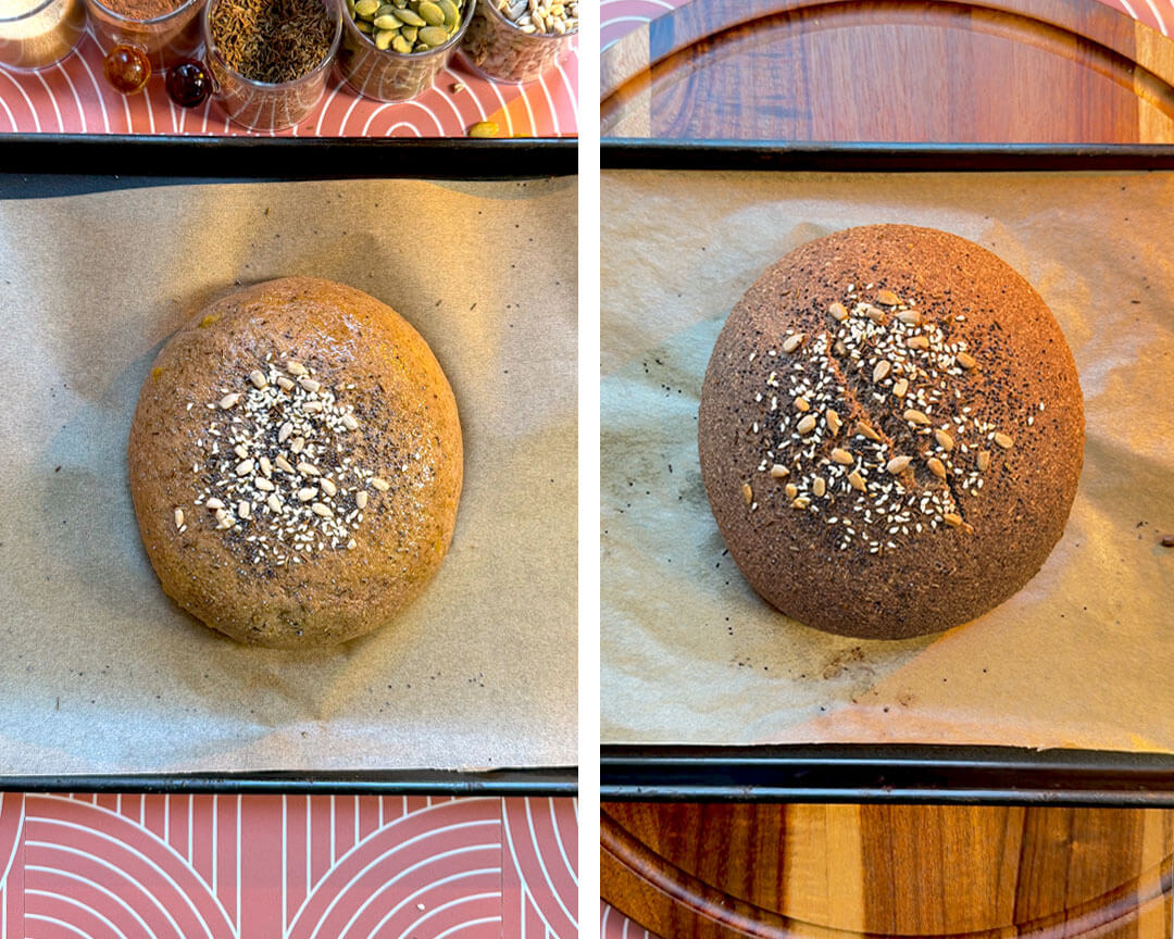 Step-by-step process for shaping and baking rustic brown lentil bread, showing the hand-shaped loaf before baking and the finished golden seeded loaf after baking. This gluten-free, flourless, yeast-free, egg-free lentil bread is easy to make at home, high in fibre, protein-rich, and bakes into a real bread-like loaf with a soft chewy crumb and dark rye-style flavour.