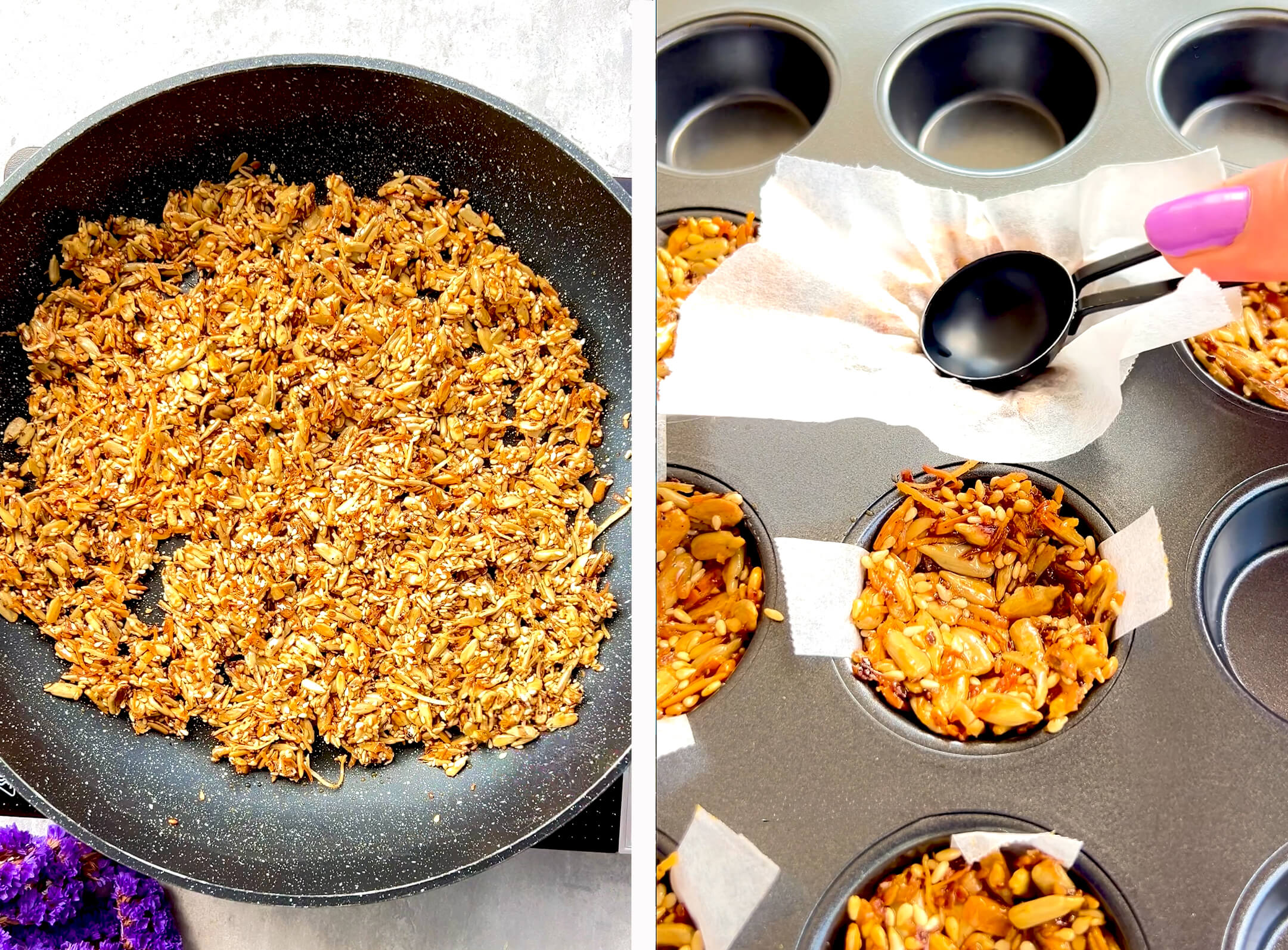 Step-by-step photo showing the golden toasted seed mixture pressed into a muffin pan with parchment paper to shape crunchy cups for No-Oven Chocolate Tahini Seed Cups. The sticky sunflower seed, sesame, coconut, and honey mixture is shaped while warm to create a wholesome, nut-free, gluten-free, oil-free cup for the chocolate tahini filling.