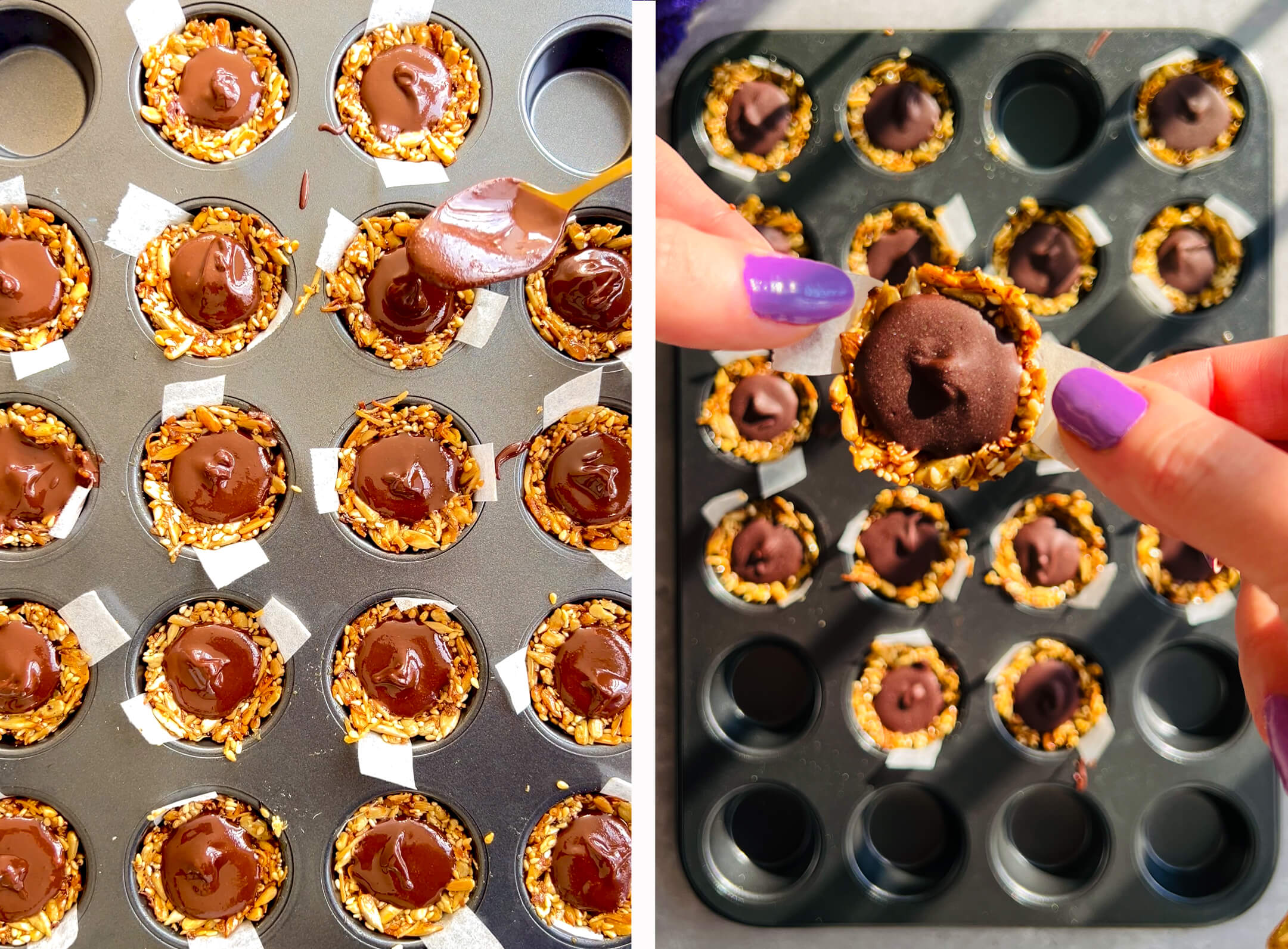 Step-by-step photo showing crunchy seed cups filled with silky, glossy dark chocolate tahini in a muffin tray, then lifted out using parchment paper. These No-Oven Chocolate Tahini Seed Cups are pan-made, gluten-free, nut-free, dairy-free, oil-free, refined sugar-free, delicious, wholesome, and perfect for a healthy chocolate snack or meal prep treat.