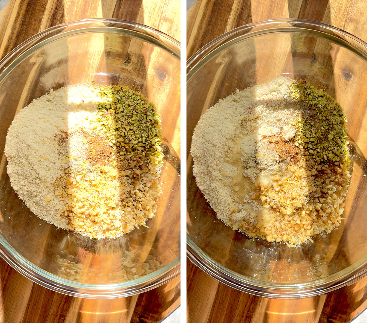 All the Healthy Baklava Bites dough ingredients added to a glass mixing bowl with honey rose water syrup poured over almond meal, finely chopped walnuts, pistachios, lemon zest, cardamom, cinnamon and warm spices. This easy gluten-free, grain-free, dairy-free and refined sugar-free baklava recipe is made with real nuts and naturally sweetened with honey for a soft, moist, nutty centre and crisp outside after baking.
