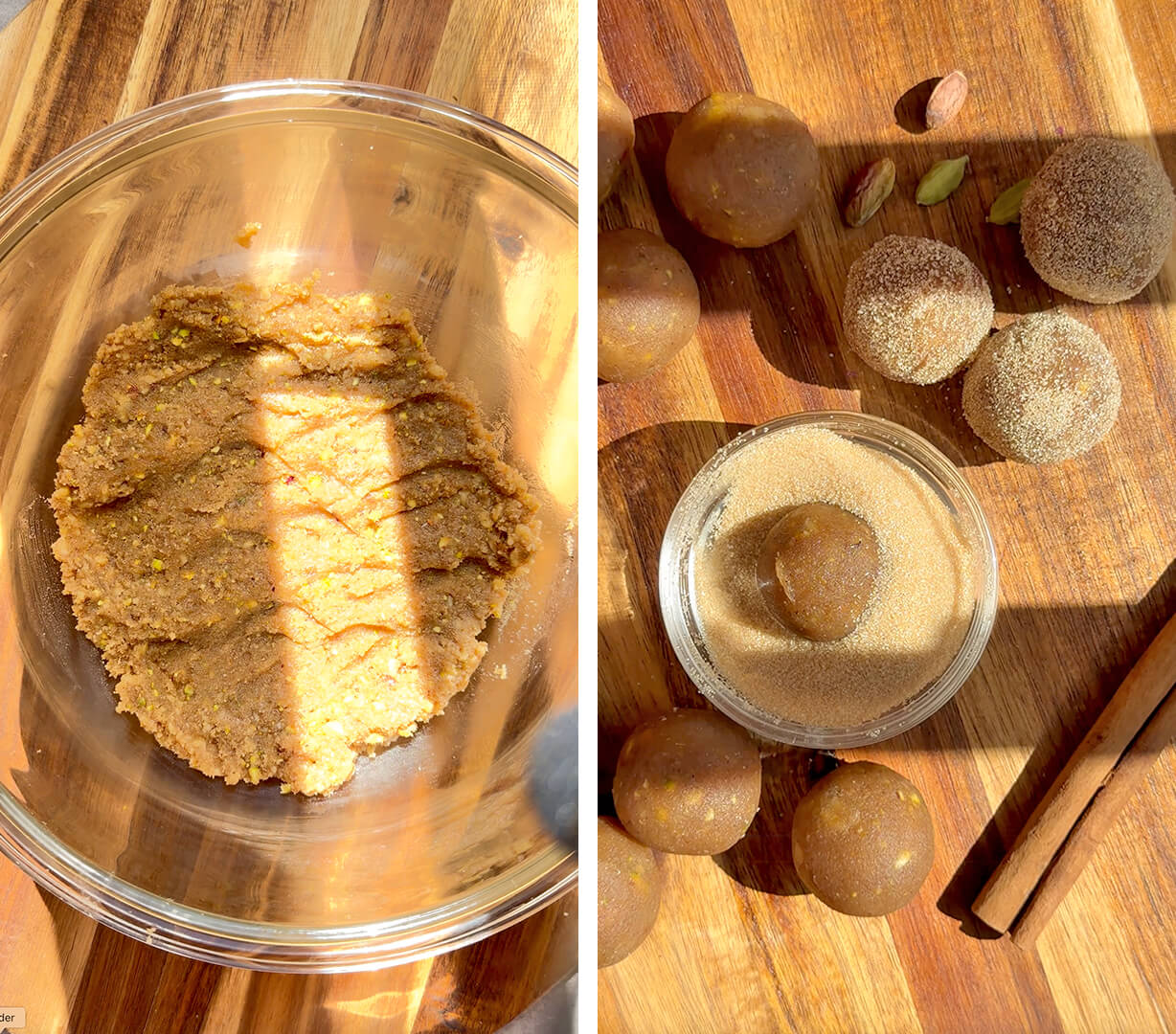 Alt Text Healthy Baklava Bites dough mixed into a soft sticky nut mixture beside rolled baklava balls coated in golden monk fruit sweetener. This step shows how to make the gluten-free, grain-free, dairy-free and refined sugar-free baklava bites with almond meal, walnuts, pistachios, honey rose water syrup, lemon zest and warm spices before shaping and baking.