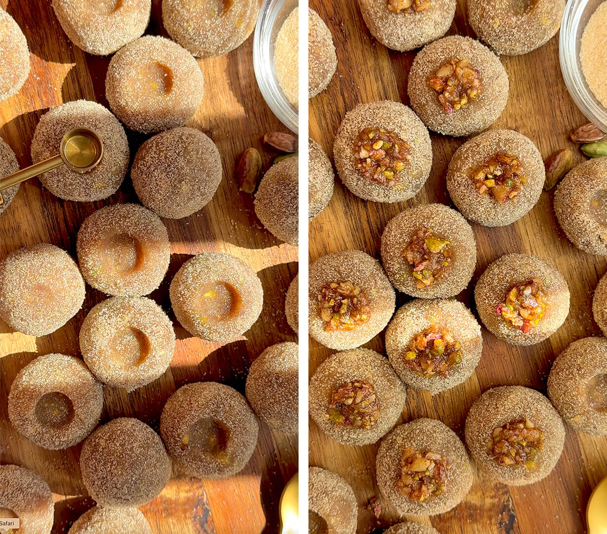 Healthy Baklava Bites shaped with small centre holes and filled with pistachio walnut rose petal topping before baking. This step shows the easy homemade baklava bites coated in golden monk fruit sweetener, naturally sweetened with honey, and made without filo pastry for a gluten-free, grain-free and refined sugar-free healthy dessert.