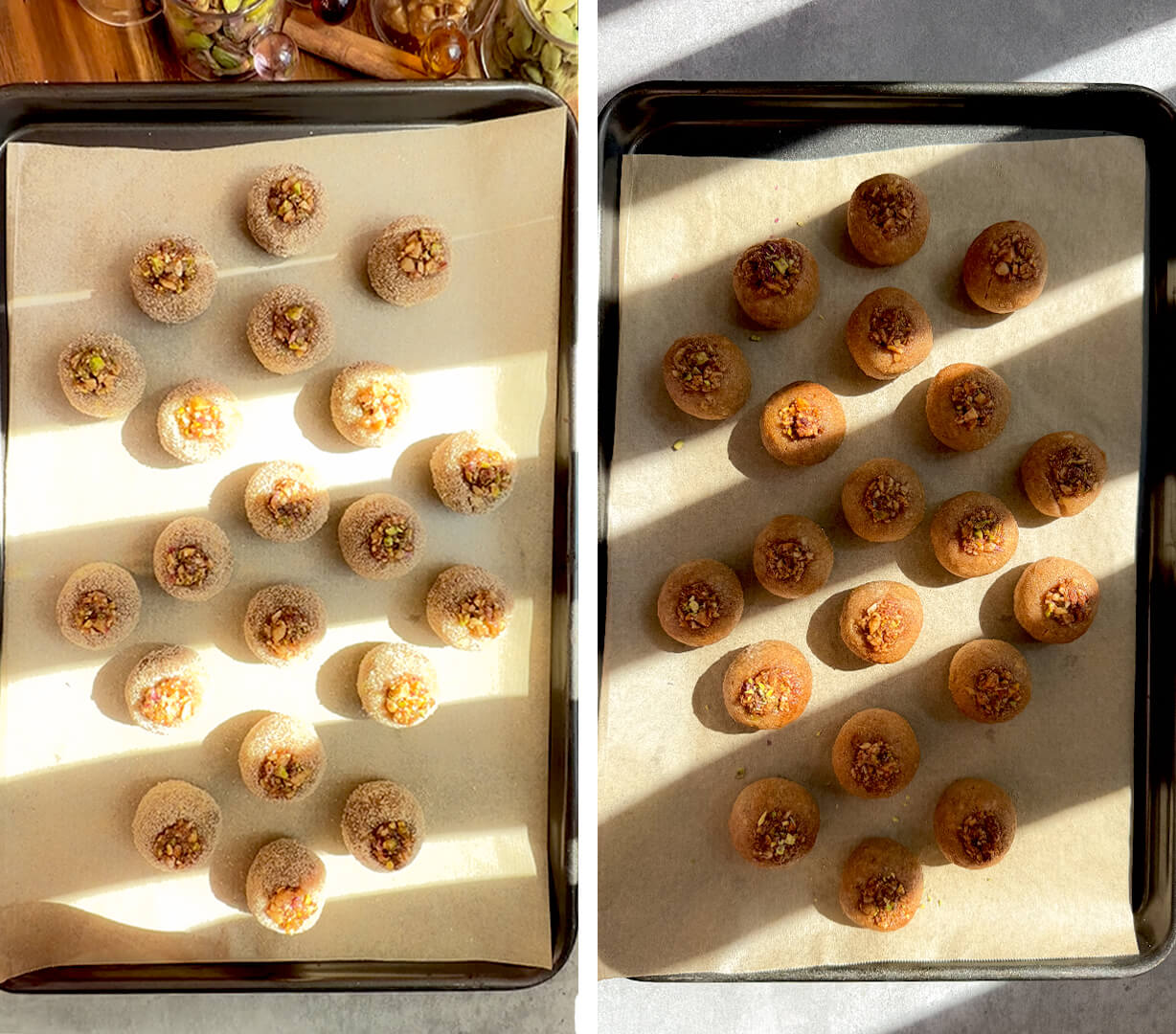 Healthy Baklava Bites shown before and after baking on a lined tray, with the raw coated bites on one side and golden baked baklava bites on the other. This step shows how the gluten-free, grain-free, dairy-free and refined sugar-free baklava bites bake into a lightly crisp outside with a soft moist nutty centre and fragrant pistachio walnut topping.