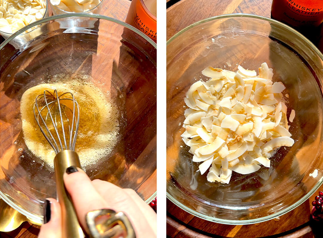 Step by step photo recipe showing how to make a quick and easy crunchy cookie recipe at home. The left side shows a hand whisking egg white, honey, melted butter, and almond extract in a glass bowl. The right side shows adding large coconut flakes, and almond sliced to the mixture.