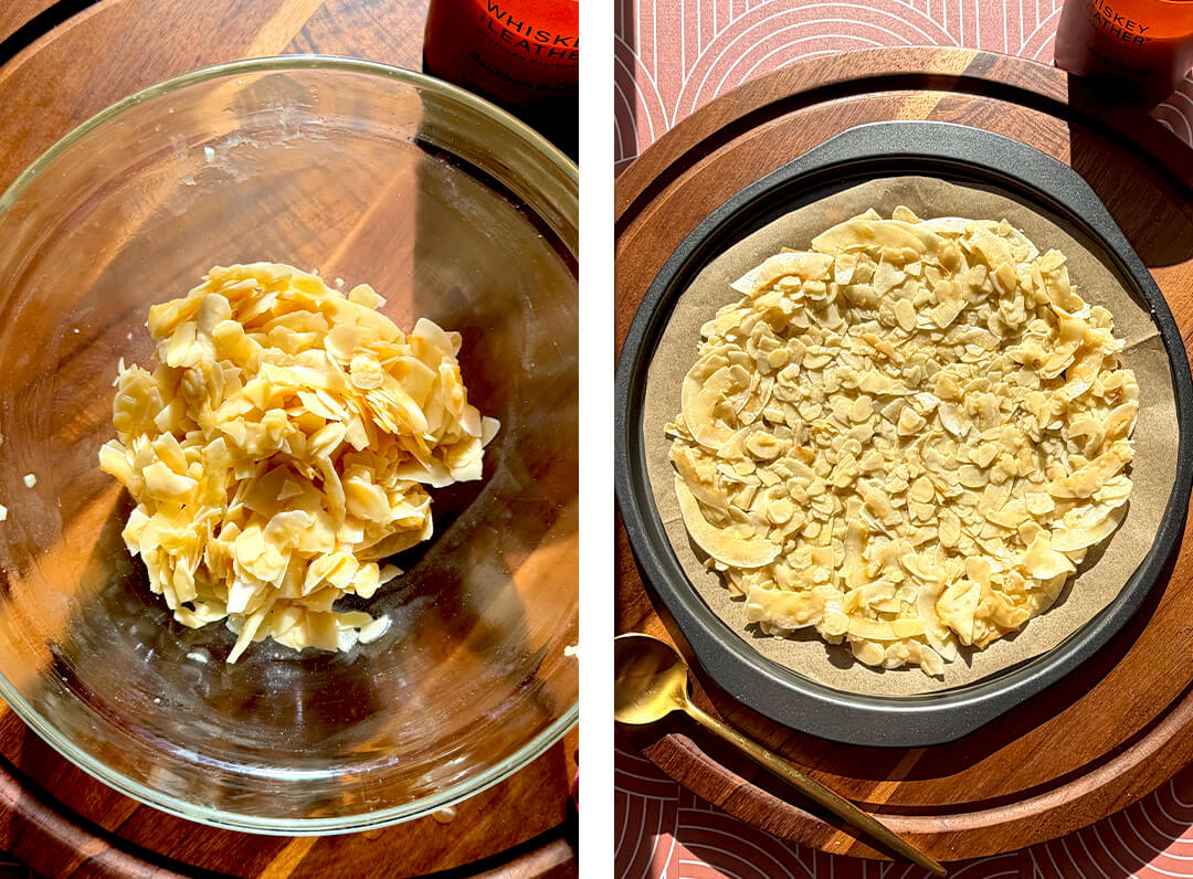 Healthy Florentine recipe process steps. The left side shows raw sliced almonds mixed into the coconut flakes to form a sticky 6-ingredient cookie dough. The right side shows the mixture spread flat into a round pizza wheel shape on a parchment-lined baking pan.