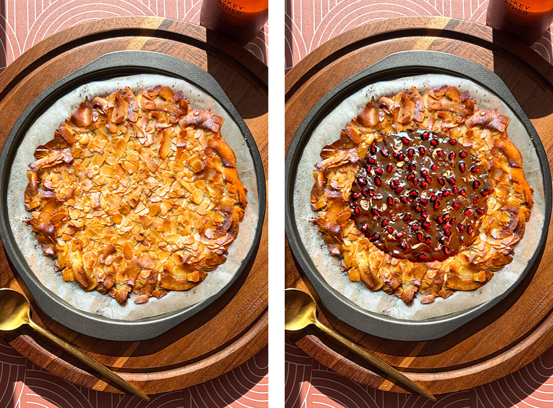 The final baking stages of a healthy dessert pizza. The left panel shows the baked wheel with a lacy, crispy golden texture and crunchy brown edges. The right panel shows the centre coated in melted dark chocolate and topped with fresh pomegranate arils (seeds)and flake seasalt.