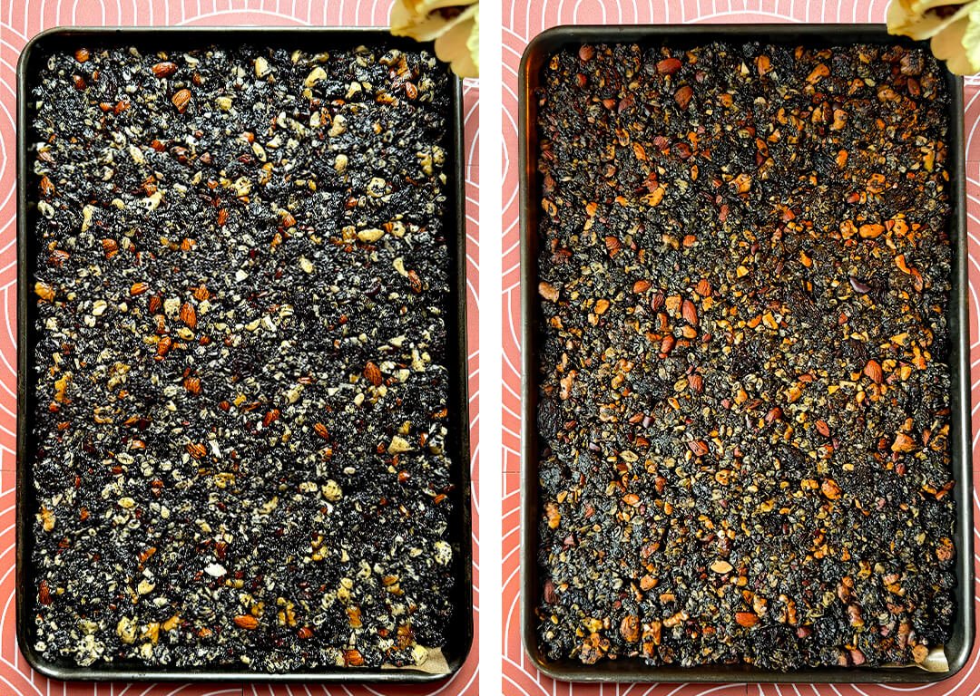 Before and After Baking Black Tahini Granola Clusters • SEO Alt Text: A direct side-by-side comparison of black tahini granola spread onto two baking trays lined with white parchment paper. The tray on the left shows the raw, wet, dark purple-black mixture pressed down firmly before entering the oven. The tray on the right shows the freshly baked, deeply roasted, and crispy dark granola clusters, with the cashews, almonds, and walnuts beautifully toasted and fragrant after baking at 160°C.