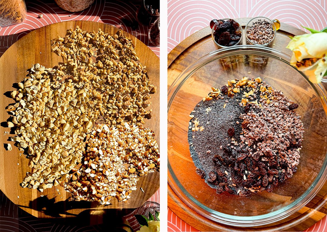 A split-screen image showing the initial preparation steps for homemade black tahini granola. On the left, raw cashews, almonds, and walnuts are roughly chopped on a wooden cutting board for maximum crunch. On the right, a large glass bowl contains the dry ingredients, including gluten-free oats, sunflower seeds, poppy seeds, black sesame seeds, cacao nibs, black raisins, and spices like cinnamon, ginger, nutmeg, and cocoa powder before being combined.