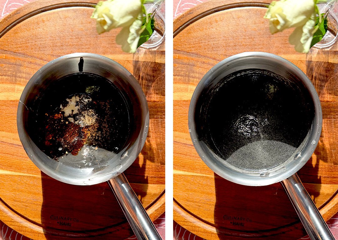 step by step photo showcasing how to make the warm liquid coating for a healthy superfood granola recipe. The left side shows a small stainless steel saucepan on a wooden surface containing rich, dark black tahini, clear liquid coconut oil, and natural honey sweetener. The right side shows the mixture gently warmed and smoothly blended together with vanilla extract, creating a glossy, nutrient-dense black liquid glaze ready to coat the dry base.