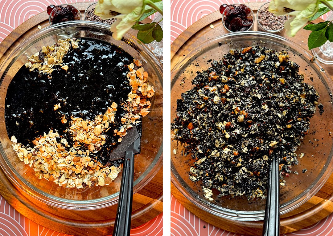 step by step making black tahini granola. mixing process of a refined sugar-free granola. The left image captures the dark black tahini, coconut oil liquid, cinnamon, cocoa, honey being poured over a bowl of gluten-free rolled oats, chopped nuts, and high-fiber seeds. The right image shows the mixture thoroughly stirred with a spatula, transforming into a deep, dramatic dark color where every oat, cacao nib, raisin, and nut is completely coated in the earthy sesame glaze.