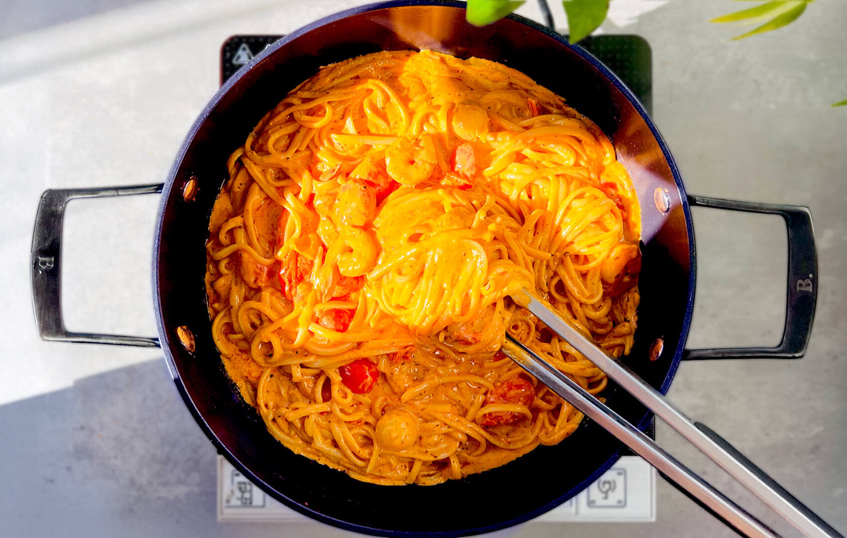12 overhead creamy smoky garlic prawn pasta e1783848436405