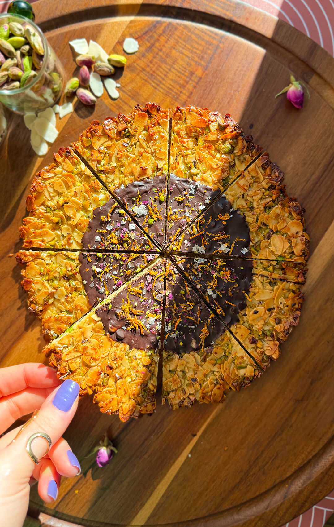 27 crispy almond pistachio florentine cookie pizza slice