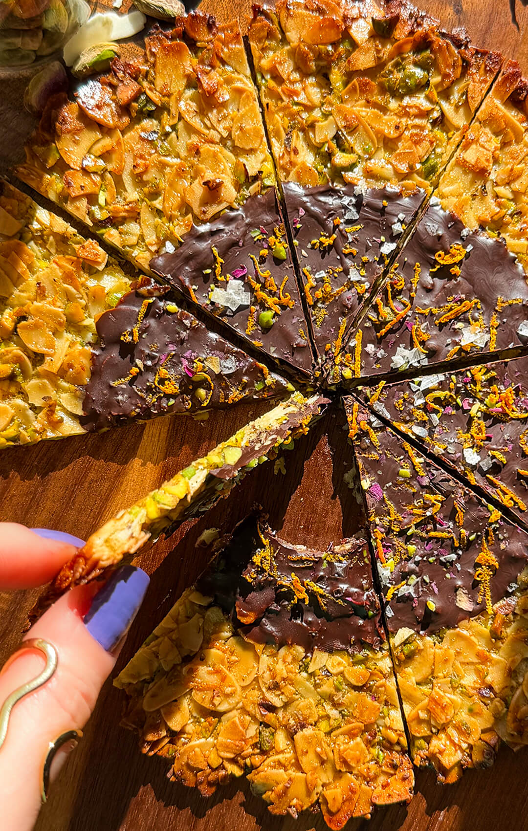 33 crispy almond pistachio florentine cookie pizza close up wedges